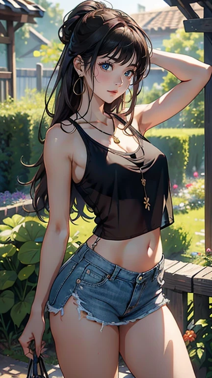 1 female,20-year-old, alone,(With background:garden, In the summer season) , brown hair, medium hair, straight hair, bangs, Are fat, long legs, naked , naked nipples, belly button, (((masterpiece),(Highly detailed CG Unity 8K wallpaper),highest quality,cinematic lighting,detailed background,(very elegant and beautiful),(Beautiful and delicate depiction of eyes),Super detailed,masterpiece)),High resolution,Super detailed), (wear:Black transparent tank top, Short jeans skirt, necklace, earrings), hands up, hands behind head