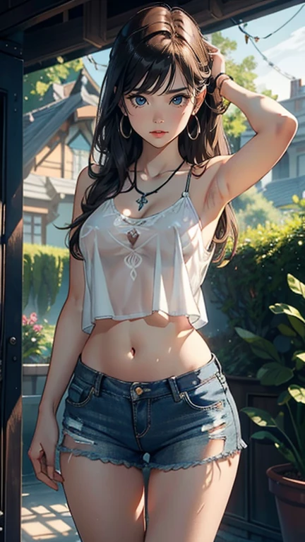 1 female，20-year-old， alone，（With background：garden, In the summer season） , brown hair, medium hair, straight hair, bangs, Are fat, long legs, naked , naked nipples, belly button, （（（masterpiece），（Highly detailed CG Unity 8K wallpaper），highest quality，cinematic lighting，detailed background，（very elegant and beautiful），（Beautiful and delicate depiction of eyes），Super detailed，masterpiece）），High resolution，Super detailed）, （wear：Black transparent tank top, Short jeans skirt, necklace, earrings）, hands up, hands behind head