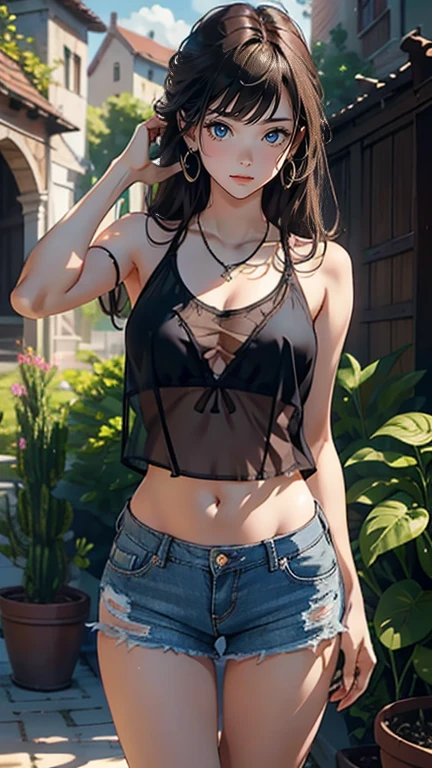 1 female,20-year-old, alone,(With background:garden, In the summer season) , brown hair, medium hair, straight hair, bangs, Are fat, long legs, naked , naked nipples, belly button, (((masterpiece),(Highly detailed CG Unity 8K wallpaper),highest quality,cinematic lighting,detailed background,(very elegant and beautiful),(Beautiful and delicate depiction of eyes),Super detailed,masterpiece)),High resolution,Super detailed), (wear:Black transparent tank top, Short jeans skirt, necklace, earrings), hands up, hands behind head