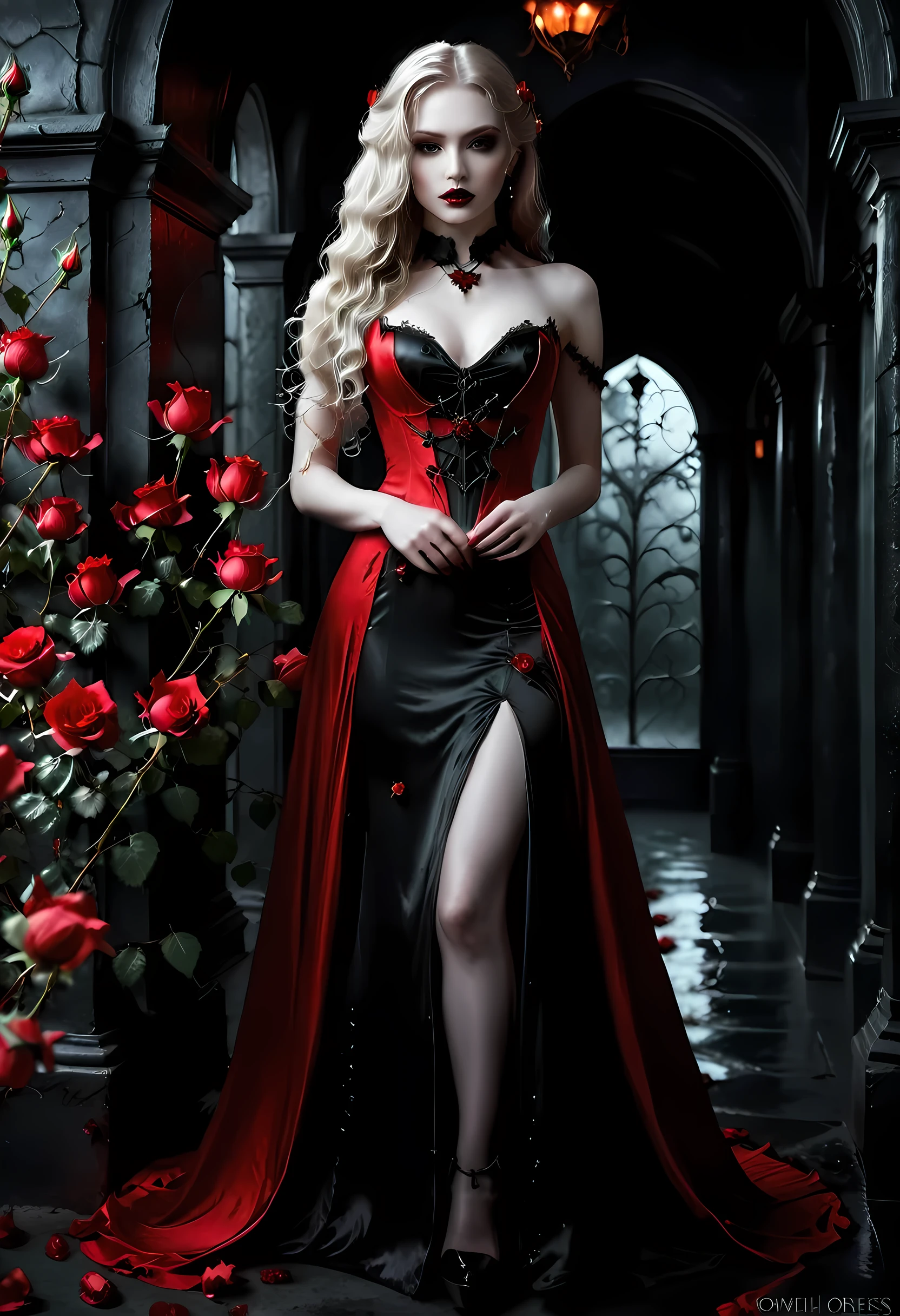 Dark fantasy art, fantasy art, goth art, a picture of a female vampire, exquisite beauty, full body shot, dark glamour shot, pale white skin, dark blond hair, long hair, wavy hair, (glowing grey: 1.3) eyes, she wears a (red: 1.3) red dress, ArmoredDress, the roses are imprinted on the dress (black: 1.4) black roses betmd, high heells, dark castle porchm, dark, black and color