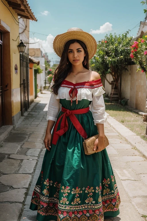 Beautiful woman, 26 years, Mexico 🇲🇽, dressed in traditional clothing green red