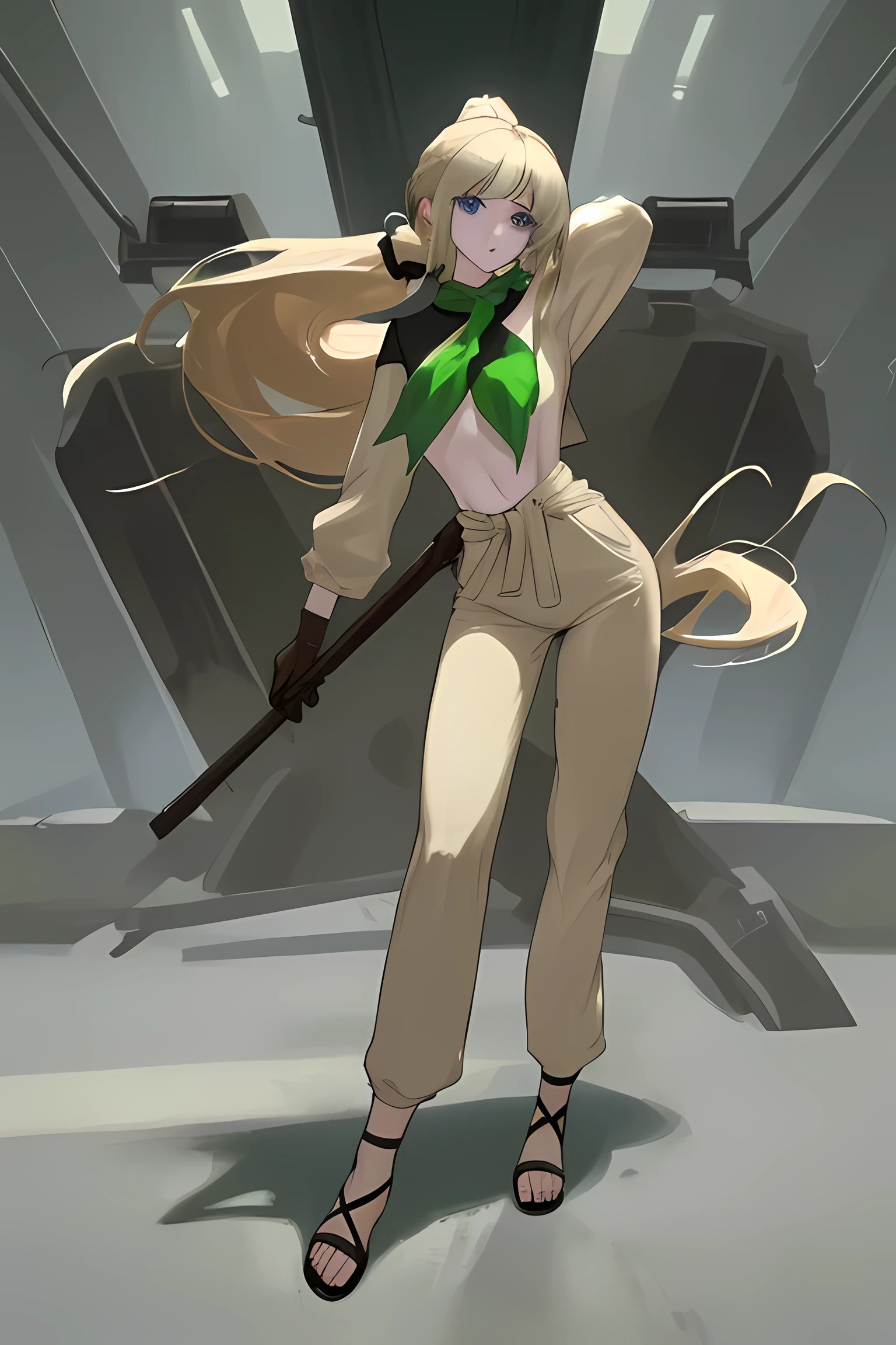 A pale skin, big dark-blue eyes and long light blonde hair that reaches her hips with long bangs falling on the front and a fringe directed to the left. Usually her hair is tied in a long ponytail. She wears beige jumpsuit that normally is down and ajusted to ther waist, exposing a black tube top. She also wears brown gloves, common sandals, a green kerchief that covers her fringe and her hair is tied in long ponytail.