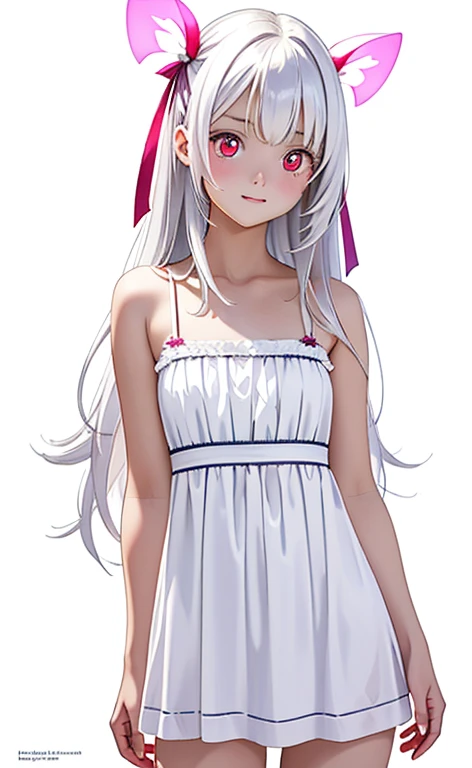 (Photorealistic:1.4)、(masterpiece、Side light、Exquisite beautiful eyes)、charactor focus、portlate、)、Cute Face、 3D Face、(white hair:1.5、Straight Hair)、(1 Girl)、(Red eyes:1.2)、(cowboy shot)、(Sundress)、 (Cute face),(clear face),kind face,(Small breasts),(white background:1.5)、(glowing eyes:1.3)、(hair ribbon)、 Neat and clean、Adorable、Slim Body(Tareme:1.5),Shiny Hair、Glowing pink Skin、Nijisketch,Manga,zydG
