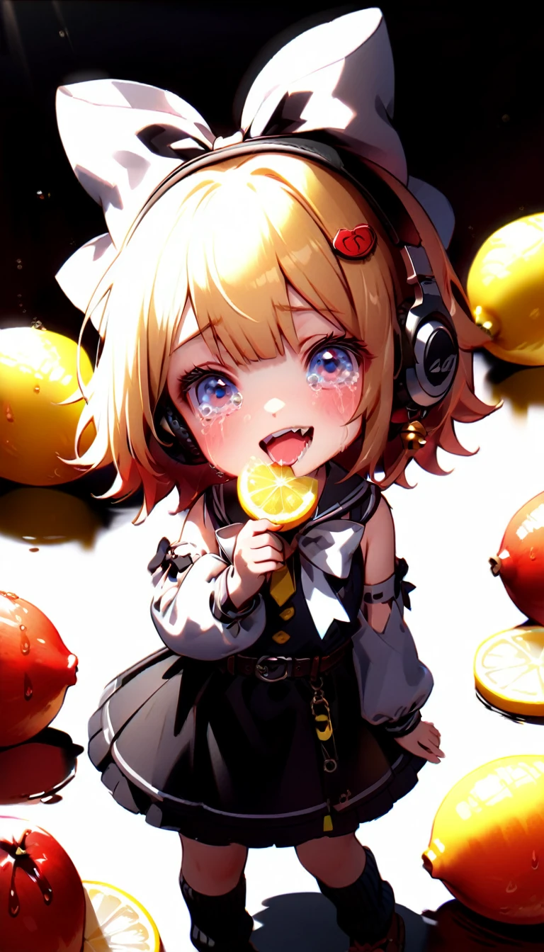 solo,1female\(KAGAMINE RIN\(vocaloid\),face\((very surplized and confused by strong sour taste:1.2),almost crying by sour taste,can not stand the sour taste\),(biting a slice of a lemon\(juicy,fresh\):1.3),cute,kawaii, of 10,llow hair, short hair,red tattoo of numbers"02" on shoulder,(big white bow:1.3),sleeveless white shirt,detached black arm bell sleeves,(arm sleeves are black bell sleeves:1.2),belt,sailor collar,yellow wide tie,white headphones,black shorts,black  knee high leg warmers,yellow key strap at belt,open shoulder,,\), BREAK ,background\(at cute kitchen\), BREAK ,quality\(8k,wallpaper of extremely detailed CG unit, ​masterpiece,hight resolution,top-quality,top-quality real texture skin,hyper realisitic,increase the resolution,RAW photos,best qualtiy,highly detailed,the wallpaper,cinematic lighting,ray trace,golden ratio\),RIN is so so cute,dynamic angle,[nsfw]