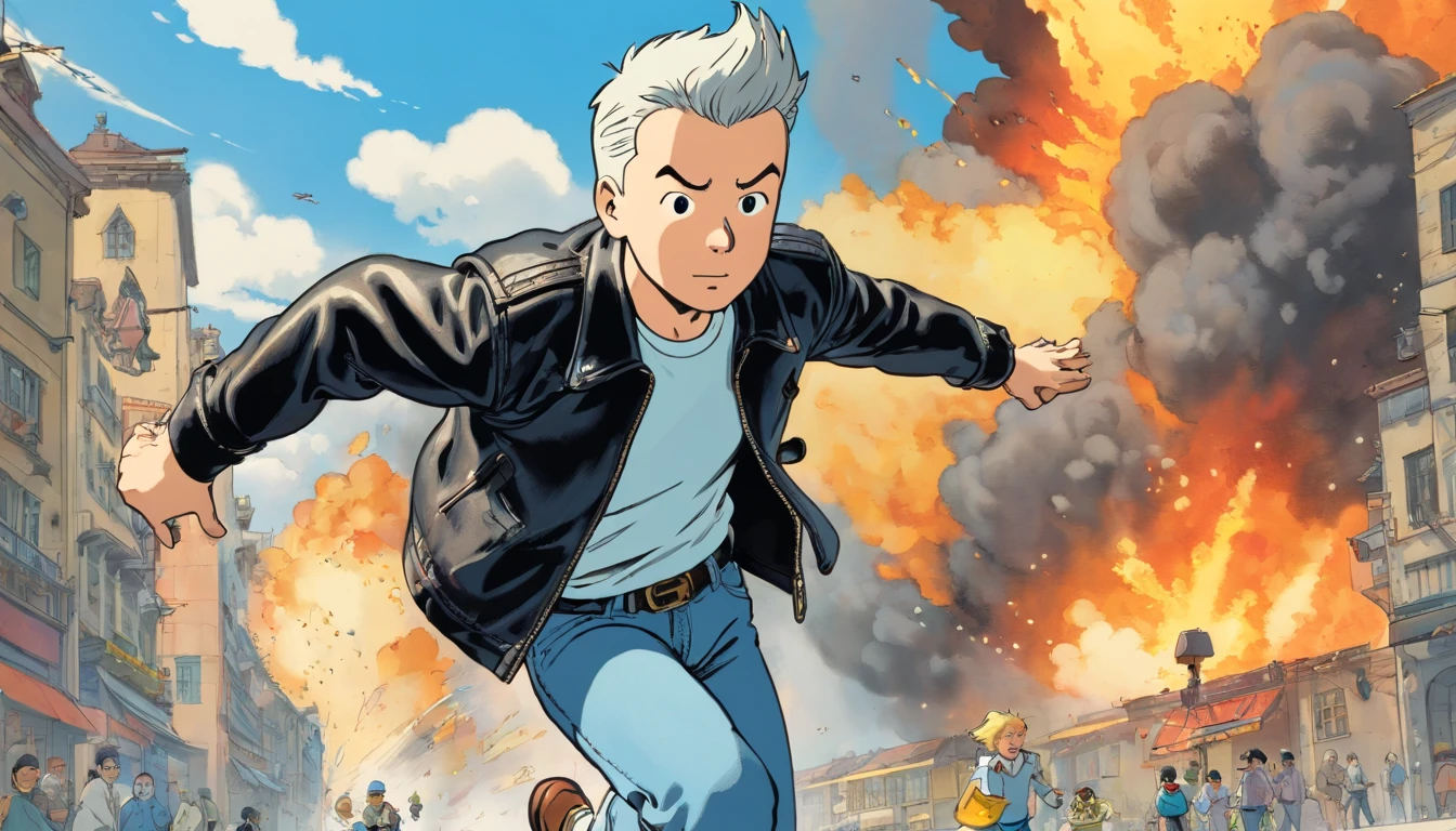 Tintin, 50 years old male wearing black leather jacket, white t-shirt and blue denim jeans, slick and neat short grey hair, herge, european comics, running fast forward camera from big building explosion, action movie scene background 