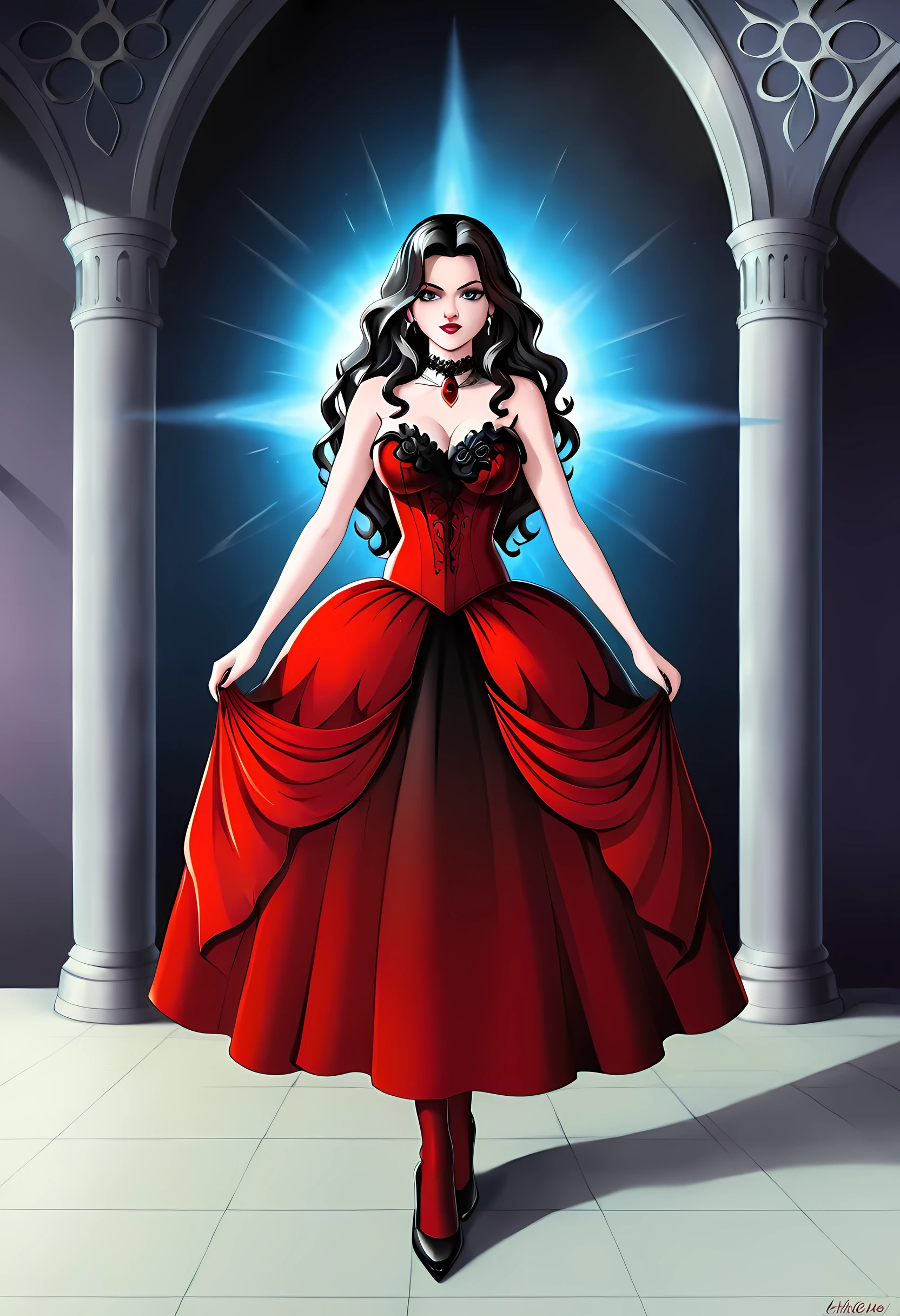 Dark fantasy art, fantasy art, goth art,  a picture of a female vampire, exquisite beauty, full body shot, dark glamour shot,  pale white skin, dark blond hair, long hair, wavy hair, (glowing grey: 1.3) eyes,  she  wears a (red: 1.3) red dress, ArmoredDress, the roses are imprinted on the dress (black: 1.4)  black roses betmd, high heells, dark castle porchm, dark, black and color