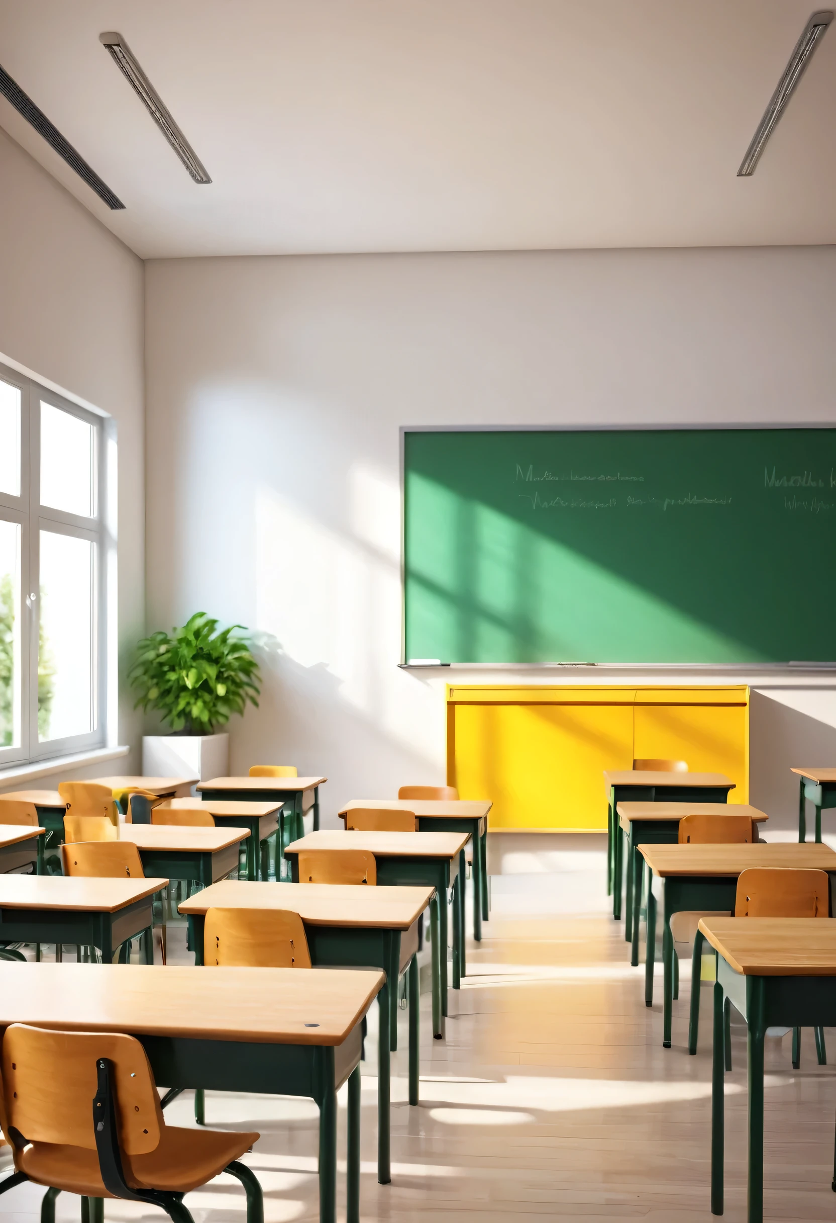 beautiful modern school classroom, with teacher&#39;s desk, desks, board and flowers