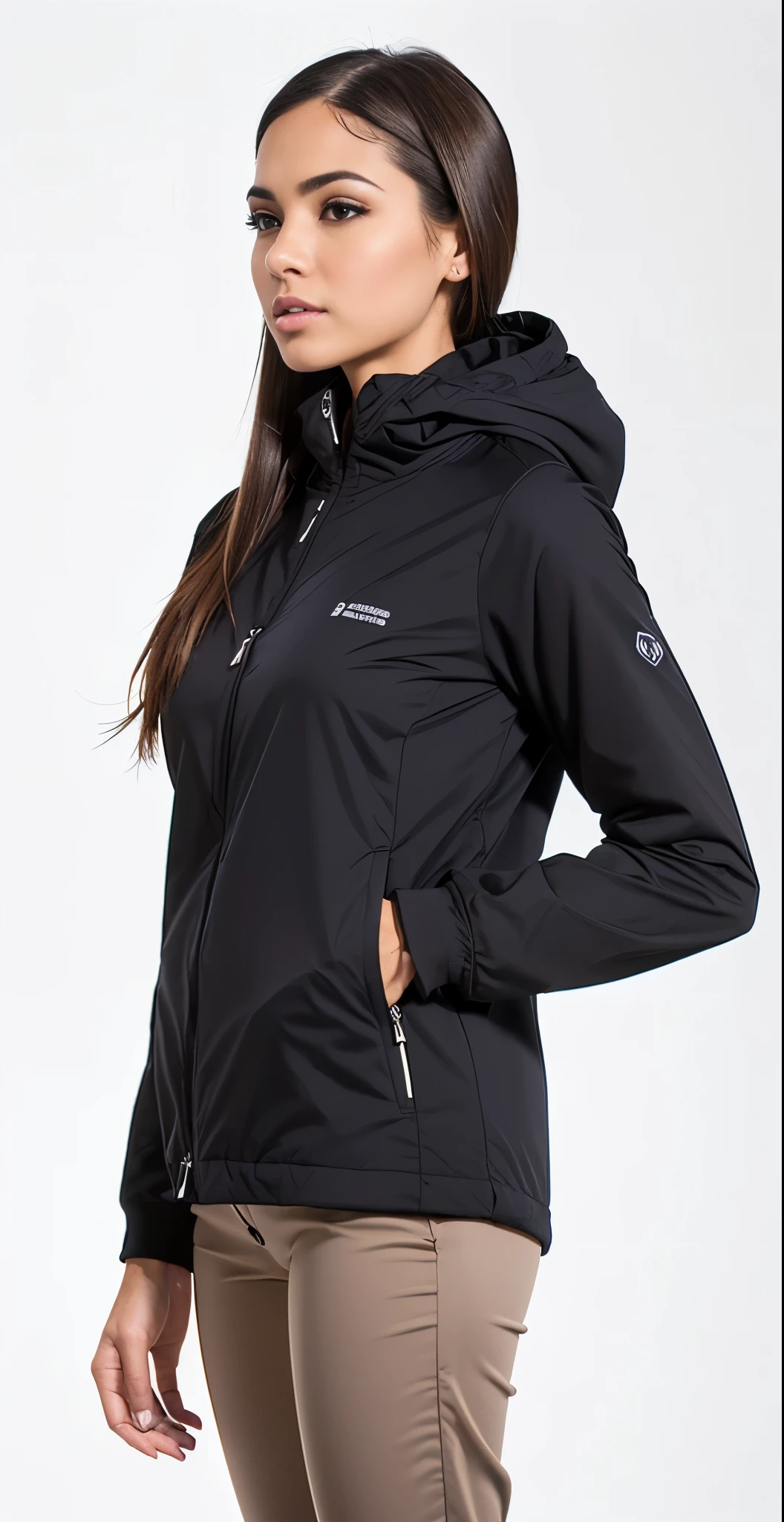 fit woman with black jacket and brown pants, foto de perfil, close up profile view, close-up, close-up, com dois bolsos frontais, fotografia de uma mulher techwear, foto detalhada, 3/4 vista lateral, centre image, tiro de perto, tiro de perto from the side, Imagem detalhada, foto aproximada, imagem detalhada do produto