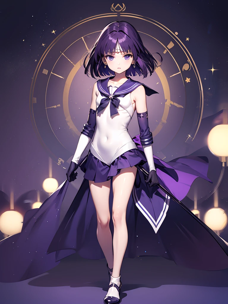 masterpiece, best quality, 1girl,solo, HotaruTomoe, (sailor Saturn , purple hair, short hair, elbow gloves, neck ribbon, bangs, long hair, circlet), looking through legs, full body, (flat chest)