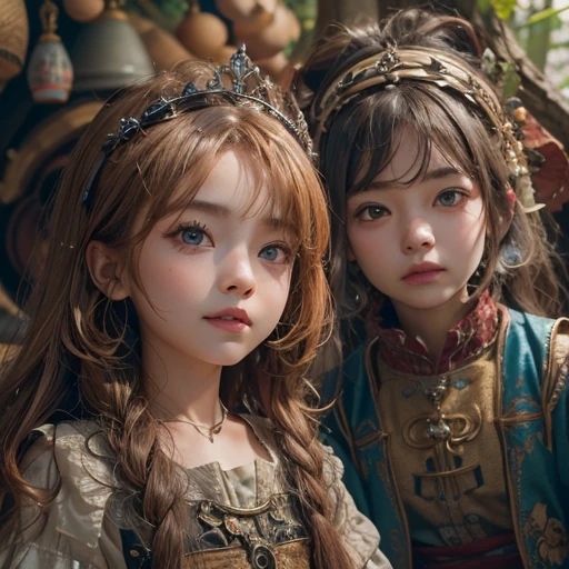 Boy and girl in front of a gingerbread house、Hair flow、 ((highest quality、masterpiece、8k、Best image quality、Ultra-high resolution、Award-winning works)、(Accurate anatomy:1.1)、(Look at me and smile:1.1)、Shining fair skin with Ultra-high resolution、The most detailed face、Ultra-high resolution detailed face、Ultra-high resolutionの髪の毛、(Ultra-high resolution eye:1.1)、Beautiful face drawn in every detail、Medieval costume , Strange atmosphere, Dark Light, in the forest