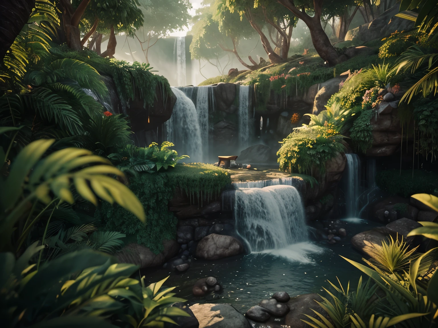 masterpiece, Best quality, (чрезвычайно подробные обои CG Unity 8k), (Best quality), (best illustrations), (The best shadows), Earth, suspended in the air, with vines on the base , with rainforest on both sides, with waterfalls, falling from above, isometric 3D, octane number, ray tracing, Super detailed