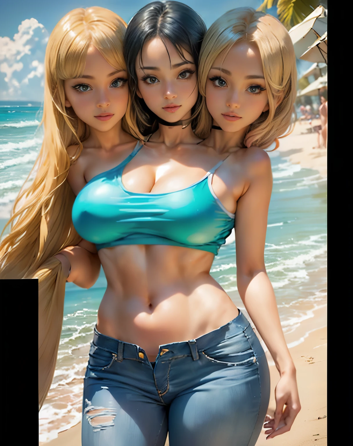 1girl, woman in bikini on a beach, two beautiful anime girls, crop top, jeans, looking at viewer, medium breasts, beautiful sci - fi twins, focus on girl, blonde, anime girl, (two heads)