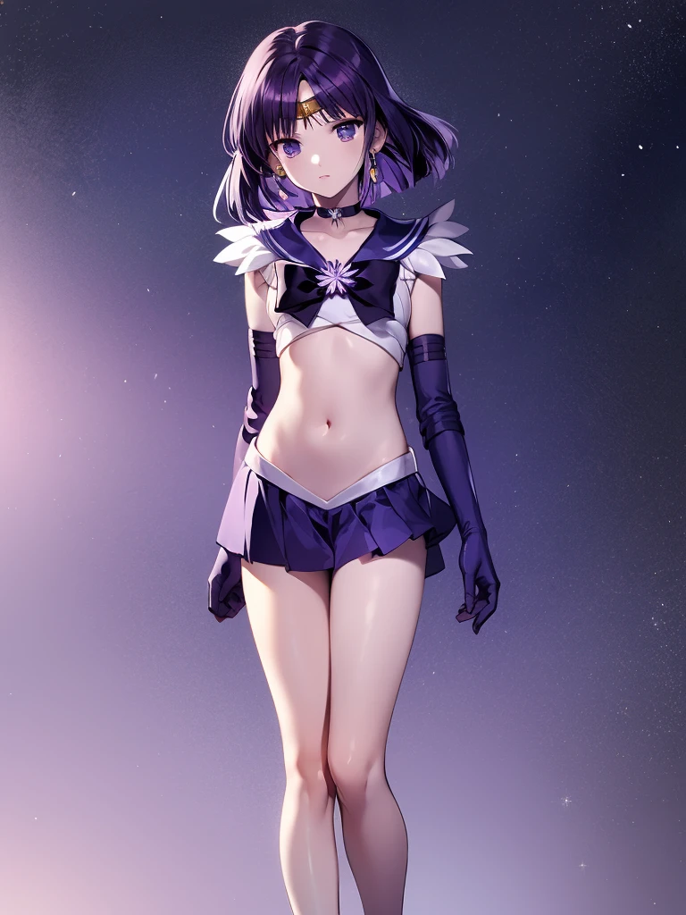 masterpiece, best quality, 1girl,solo, HotaruTomoe, (sailor Saturn , purple hair, short hair, elbow gloves, neck ribbon, bangs, long hair, circlet), looking through legs, full body, (flat chest)