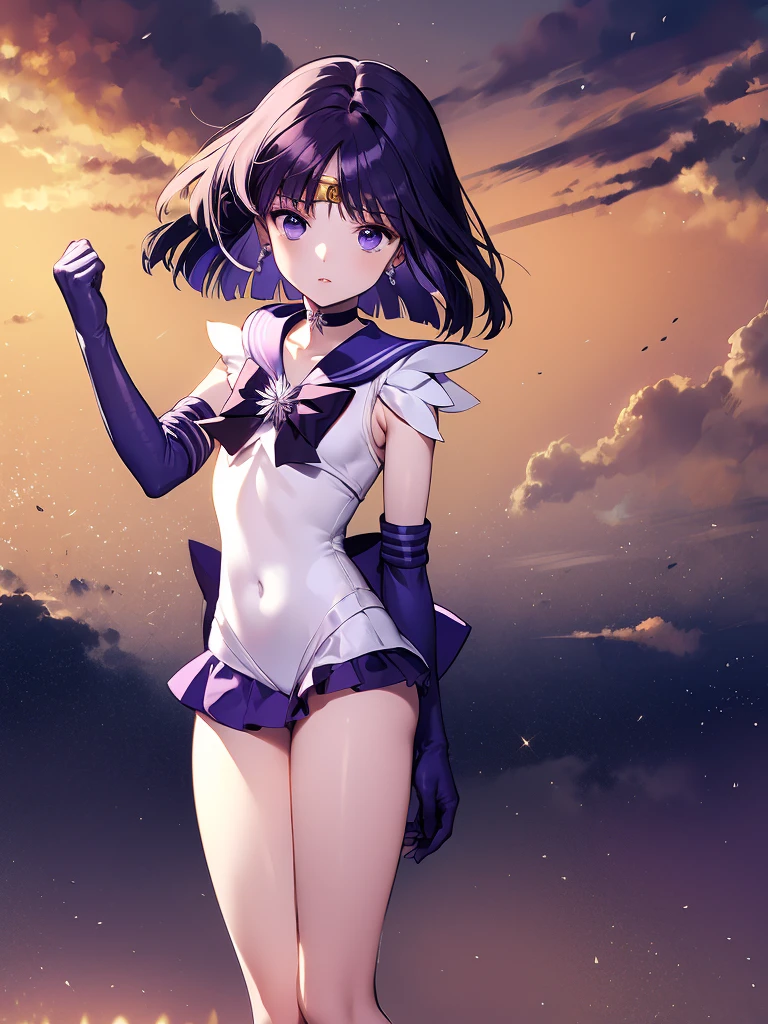 masterpiece, best quality, 1girl,solo, HotaruTomoe, (sailor Saturn , purple hair, short hair, elbow gloves, neck ribbon, bangs, long hair, circlet), looking through legs, full body, (flat chest)