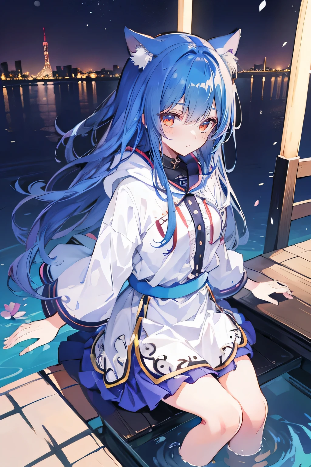 (masterpiece:1.2),Super detailed,lifelike,Expressive eyes,fair skin,perfect face shape,1 girl,
Japanese comics,Gorgeous blue hair,flowing blue hair,flowing clothes,Cat ears,Petals fall,beautiful lola,Baby Angel,
Shaking head with one hand,Cross your legs,Gentle and peaceful background,The pavilion is cool and comfortable,smile, wearing hoodie, background of tokyo,back views,snowing, winter,lie on the water.
