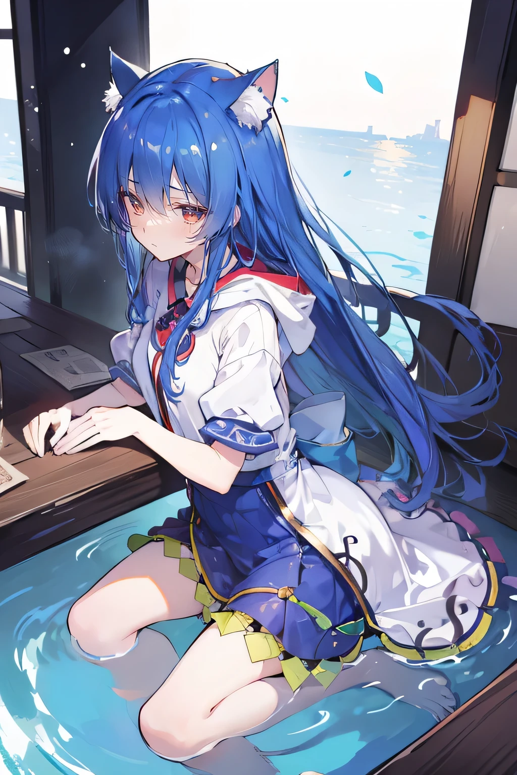 (masterpiece:1.2),Super detailed,lifelike,Expressive eyes,fair skin,perfect face shape,1 girl,
Japanese comics,Gorgeous blue hair,flowing blue hair,flowing clothes,Cat ears,Petals fall,beautiful lola,Baby Angel,
Shaking head with one hand,Cross your legs,Gentle and peaceful background,The pavilion is cool and comfortable,smile, wearing hoodie, background of tokyo,back views,snowing, winter,lie on the water.