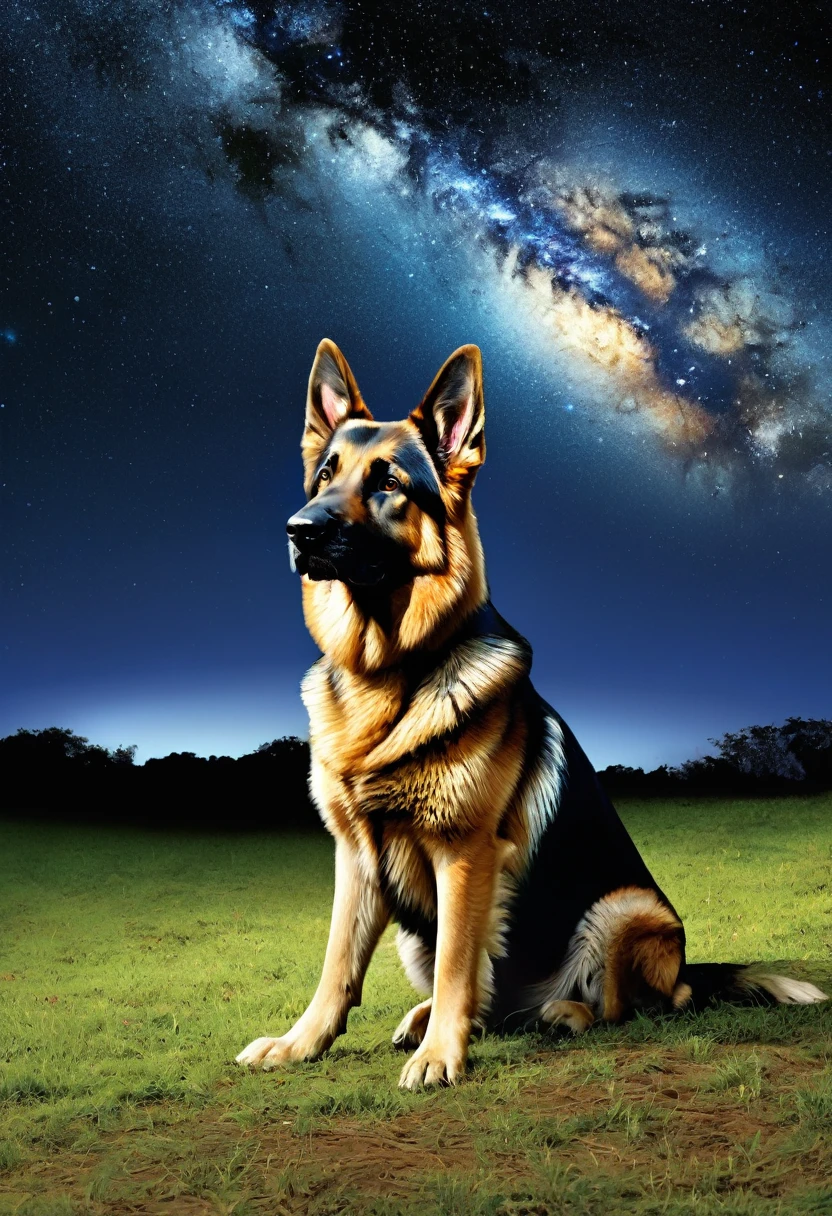 obra de arte, high resolution, 1 dog, German Shepherd , de costa para o observador, olhando_para_o_sky, noite, lua_cheia, campo pastoril, ao ar livre, nuvem, enquadramento aberto, obra de arte, melhor qualidade