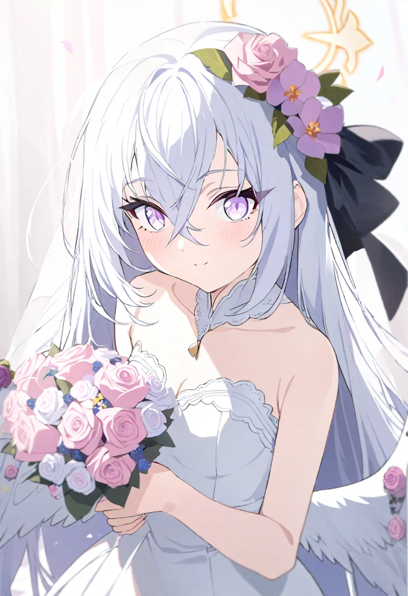 azusa \(blue archive\),1girl 1other alternate_costume angel_wings bare_shoulders blush bouquet breasts bridal_veil bride cleavage closed_mouth collarbone dress feathered_wings flower hair_between_eyes halo holding holding_bouquet jewelry long_hair looking_at_viewer medium_breasts necklace out_of_frame pink_flower pink_rose pov pov_hands purple_eyes rose solo_focus strapless strapless_dress veil very_long_hair wedding_dress white_dress white_flower white_hair white_rose white_wings wings small_breasts smile