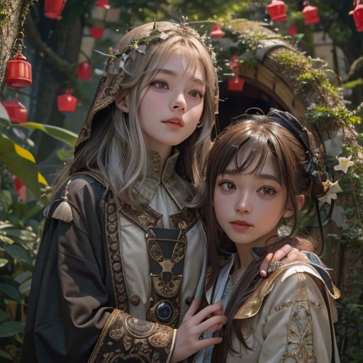 Boy and girl in front of a gingerbread house、Hair flow、 ((highest quality、masterpiece、8k、Best image quality、Ultra-high resolution、Award-winning works)、(Accurate anatomy:1.1)、(Look at me and smile:1.1)、Shining fair skin with Ultra-high resolution、The most detailed face、Ultra-high resolution detailed face、Ultra-high resolutionの髪の毛、(Ultra-high resolution eye:1.1)、Beautiful face drawn in every detail、Medieval costume , Strange atmosphere, Dark Light, in the forest