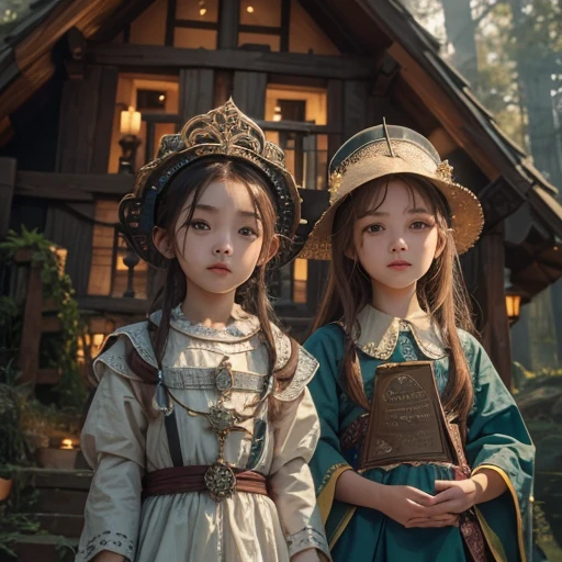 Boy and girl in front of a gingerbread house、Hair flow、 ((highest quality、masterpiece、8k、Best image quality、Ultra-high resolution、Award-winning works)、(Accurate anatomy:1.1)、(Look at me and smile:1.1)、Shining fair skin with Ultra-high resolution、The most detailed face、Ultra-high resolution detailed face、Ultra-high resolutionの髪の毛、(Ultra-high resolution eye:1.1)、Beautiful face drawn in every detail、Medieval costume , Strange atmosphere, Dark Light, in the forest