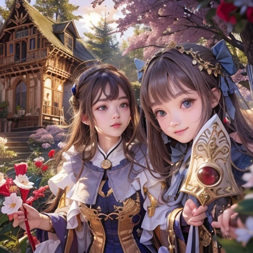 Boy and girl in front of a gingerbread house、Hair flow、 ((highest quality、masterpiece、8k、Best image quality、Ultra-high resolution、Award-winning works)、(Accurate anatomy:1.1)、(Look at me and smile:1.1)、Shining fair skin with Ultra-high resolution、The most detailed face、Ultra-high resolution detailed face、Ultra-high resolutionの髪の毛、(Ultra-high resolution eye:1.1)、Beautiful face drawn in every detail、Medieval costume , Strange atmosphere, Dark Light, in the forest
