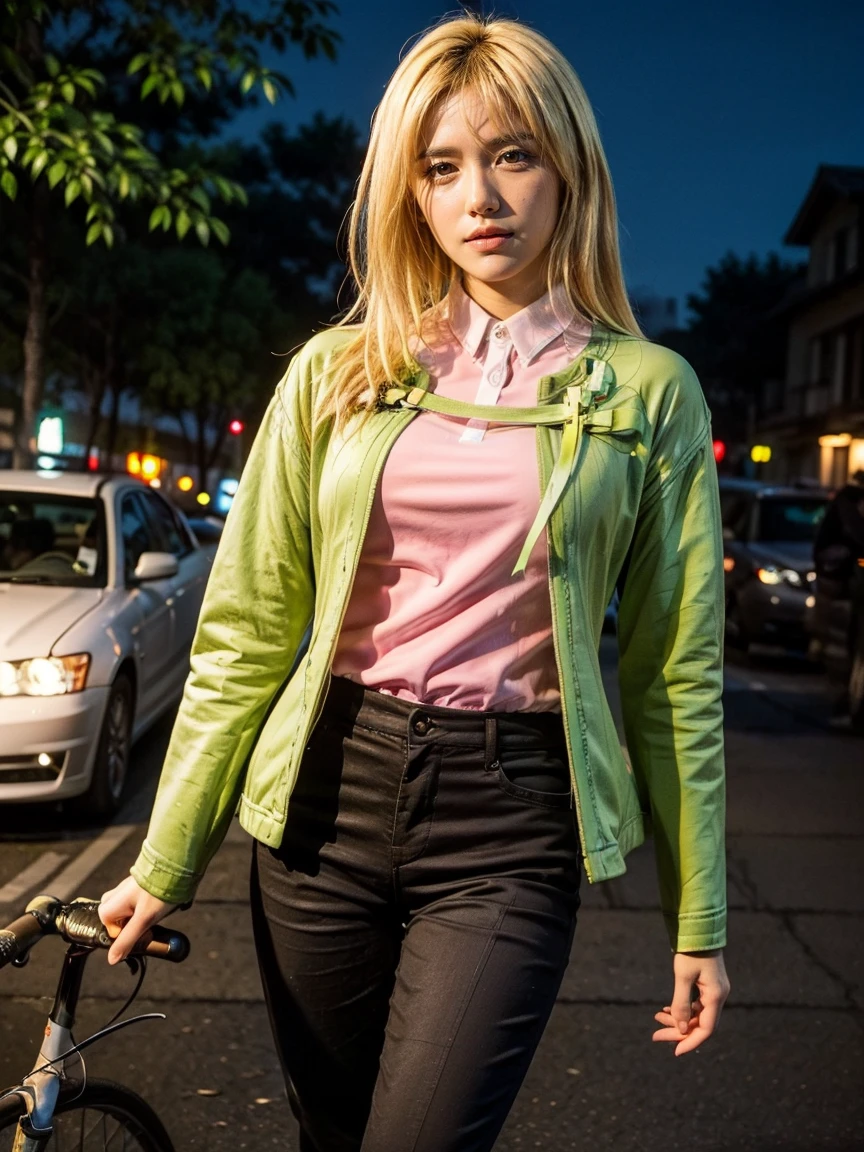 (1 lady), (Best quality at best:1.4), (ultra - detailed), (extremely detailed CG unified 16k), A Beautiful Woman with Perfect Figure: 1.4, Sharp Focus: 1.2, very detailed, High-definition RAW color photo, professional photoshooting, amazing face and eyes, cosmetics, (amazingly beautiful girl), ((Miyo)), ((ribbon, cross, pink blouse, green jacket, pants)), (look from down), realistic cinematic face, head to feet long wide zoomed out view, full body long view, photorealistic, ((realistic natural golden blonde hair style, yellowish eyes)), gorgeous, extremely beautiful face, perfect model beauty, pout mouth, mountain, ride bicycle, tree, nature, Highly Detailed Face and Skin Texture, Detailed Eyes, Double Eyelids, Medium big natural breasts, inexpressive face, cleavages, western, (masterpiece), best quality, high resolution, extremely detailed, blurred background, depth of field, cinematic lighting, amazing legs, high heels, clear and well-cared skin,