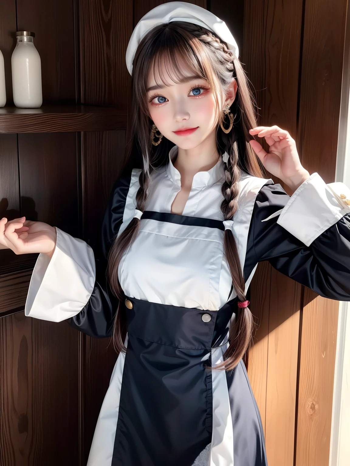 1girl, solo, long hair, breasts, looking at viewer, blush, smile, bangs, blue eyes, brown hair, black hair, hair ornament, long sleeves, hat, dress, holding, bare shoulders, jewelry, medium breasts, closed mouth, standing, braid, thighs, cowboy shot, earrings, detached sleeves, indoors, wide sleeves, apron, black dress, twin braids, book, hands up, white headwear, bottle, white apron, hair over shoulder, shelf, jar