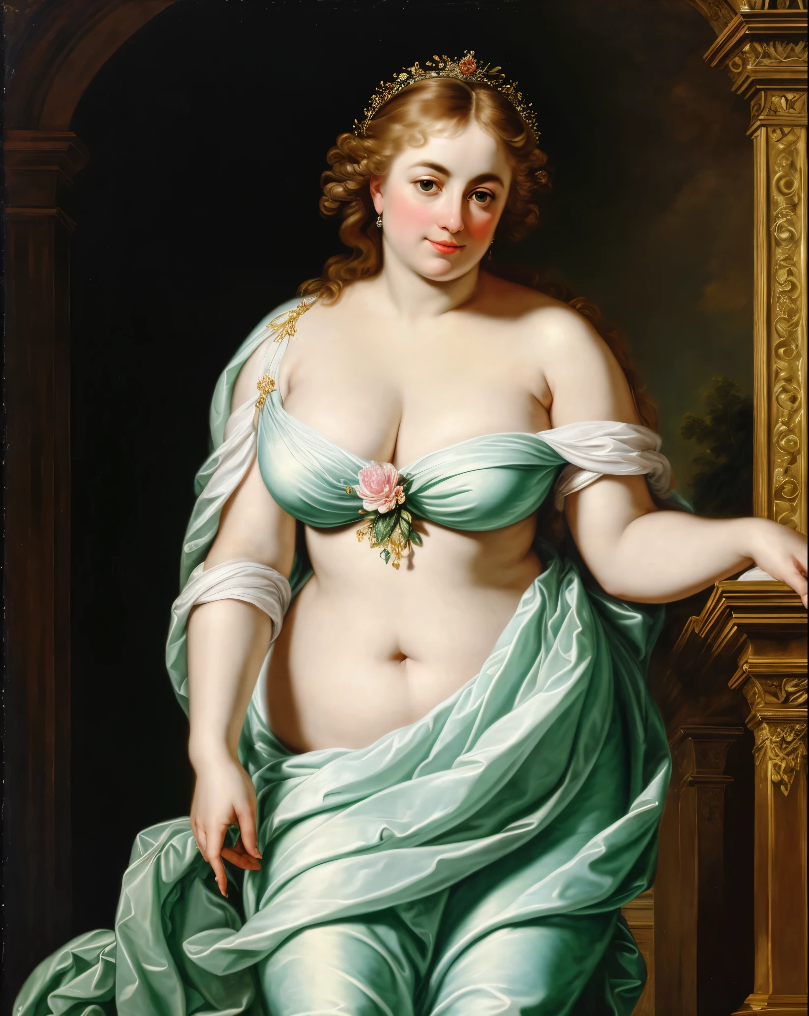 Original Character, ethereal beauty, aesthetic, Masterpiece, 45 years old Woman, thick figure, Full figured lady, middle aged beautiful woman, Best quality, high clarity eyes, critically flawless,sharp picture, styled hair, long hair, fluffy hair, Full portrait, High pixels, perfect face, perfect eyes, beautiful face, perfect hands,perfect fingers, in Peter Paul Rubens style, by Peter Paul Rubens, baroque style, acrylic on canvas, highly detailed, description: "Create a nymph inspired by the tales of Greek or Roman mythology, embodying the essence of a natural element or location, and possessing a unique ability or trait that sets her apart."