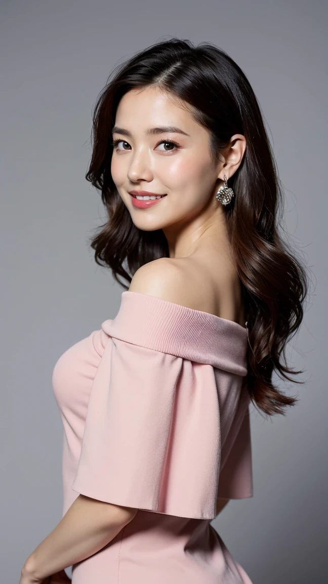 ((highest quality、8k、masterpiece:1.3))、Photorealistic, Sharp focus, high resolution, High resolution,Portraiture, one person、Japanese、woman, beautiful woman, (((pink Off the shoulder dress)))、30 years old, plump, Medium Long Hair,smile