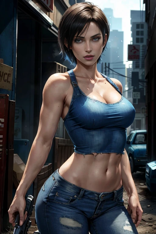 Cowboy shot of jill valentine, short hair, blue top, jean pant, resident evil, zombie apocalypse background