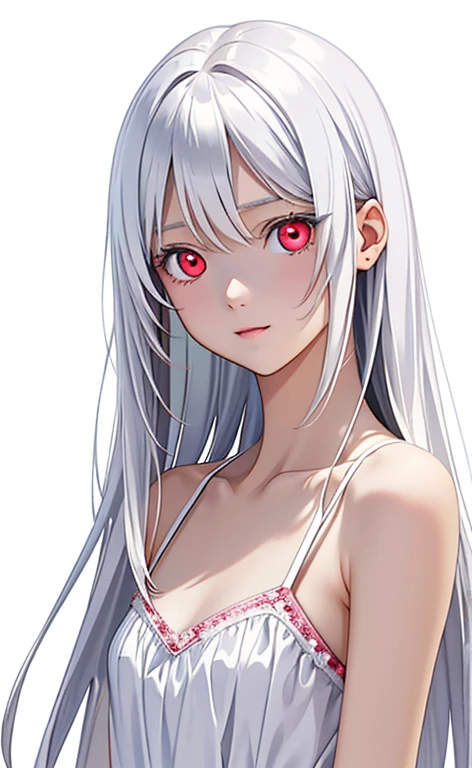(Photorealistic:1.4)、(masterpiece、Side light、Exquisite beautiful eyes)、(traditional media、portlate、)、Cute Face、 3D Face、(white hair:1.5、Straight Hair)、(1 Girl)、(Red eyes:1.2)、(upper body)、(Sundress)、 (Cute face),(clear face),kind face,(Small breasts),(white background:1.5)、(glowing eyes:1.3)、()、 Neat and clean、Adorable、Slim Body(Tareme:1.5),Shiny Hair、Glowing pink Skin、Nijisketch,Manga,zydG