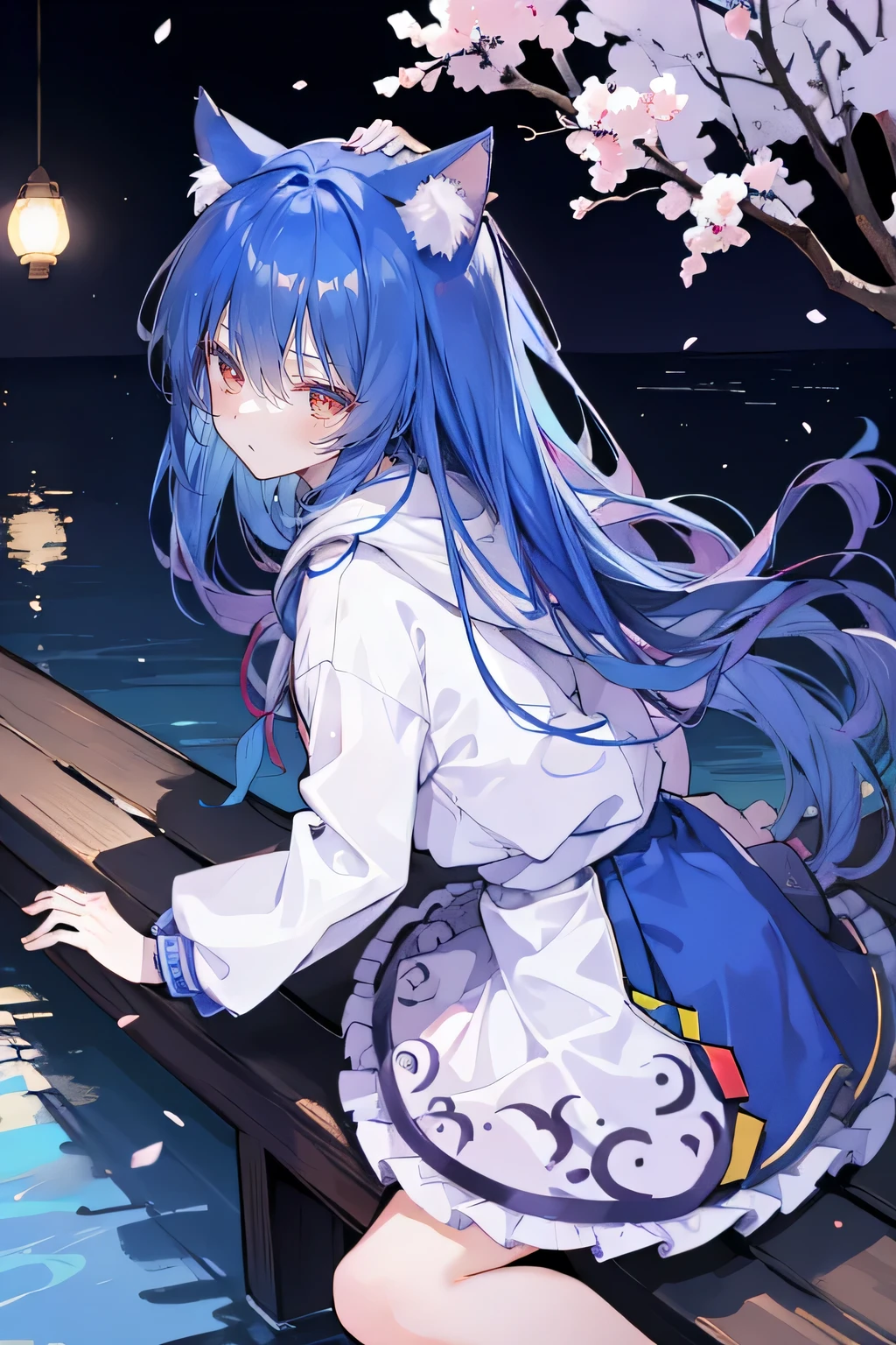 (masterpiece:1.2),Super detailed,lifelike,Expressive eyes,fair skin,perfect face shape,1 girl,
Japanese comics,Gorgeous blue hair,flowing blue hair,flowing clothes,Cat ears,Petals fall,beautiful lola,Baby Angel,
Shaking head with one hand,Cross your legs,Gentle and peaceful background,The pavilion is cool and comfortable,smile, wearing hoodie, background of tokyo,back views,snowing, winter,lie on the water.