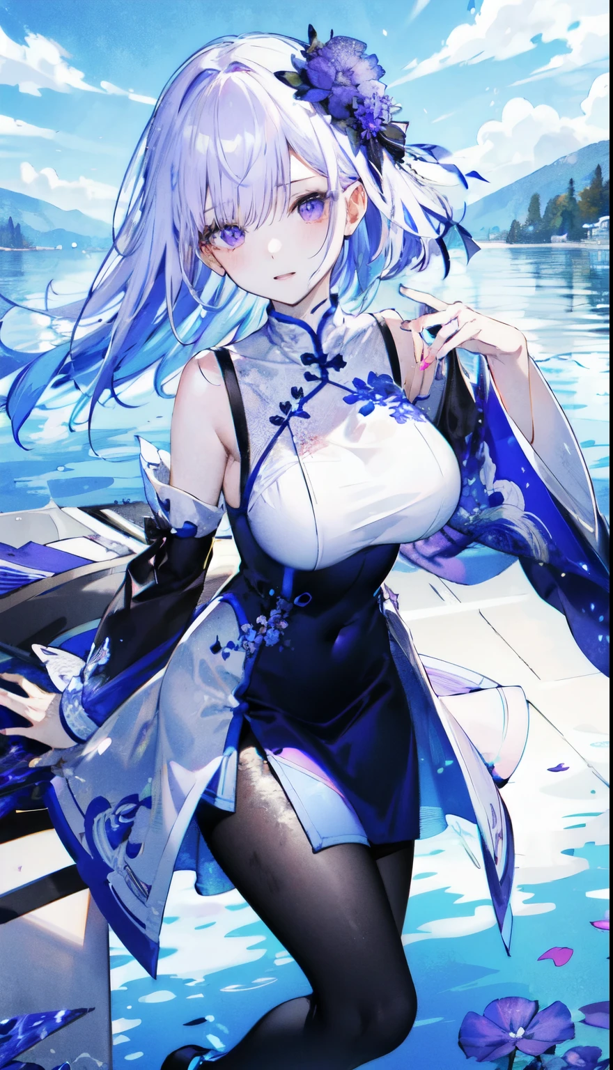 ((masterpiece:1.4,best quality)),(Super detailed),(Extremely detailed eyes),(Black leggings,Shiny socks:1.5),Hello Darkness
((Sexy Girl,Large Breasts)),(Blood-red pupils,Diamond-shaped pupil:1.15),Purple Eyeshadow,(Elongated hair,Thick hair,shiny hair:1.5)(Variza:1.2),Fair skin,tilt head to one side,Kneel down
(She wears blue armor,Tight cheongsam,:1.5),Very long plush sleeves,White,White Cloud,Dream bubbles ,Ice and glitter effects
(Black long skirt:1.1),
(dawn:1.2),
(Intense black and white:1.16),(Depth of Field:1.4),,Intricate details,(Sky Castle,Standing on the lake,Purple flowers by the lake)