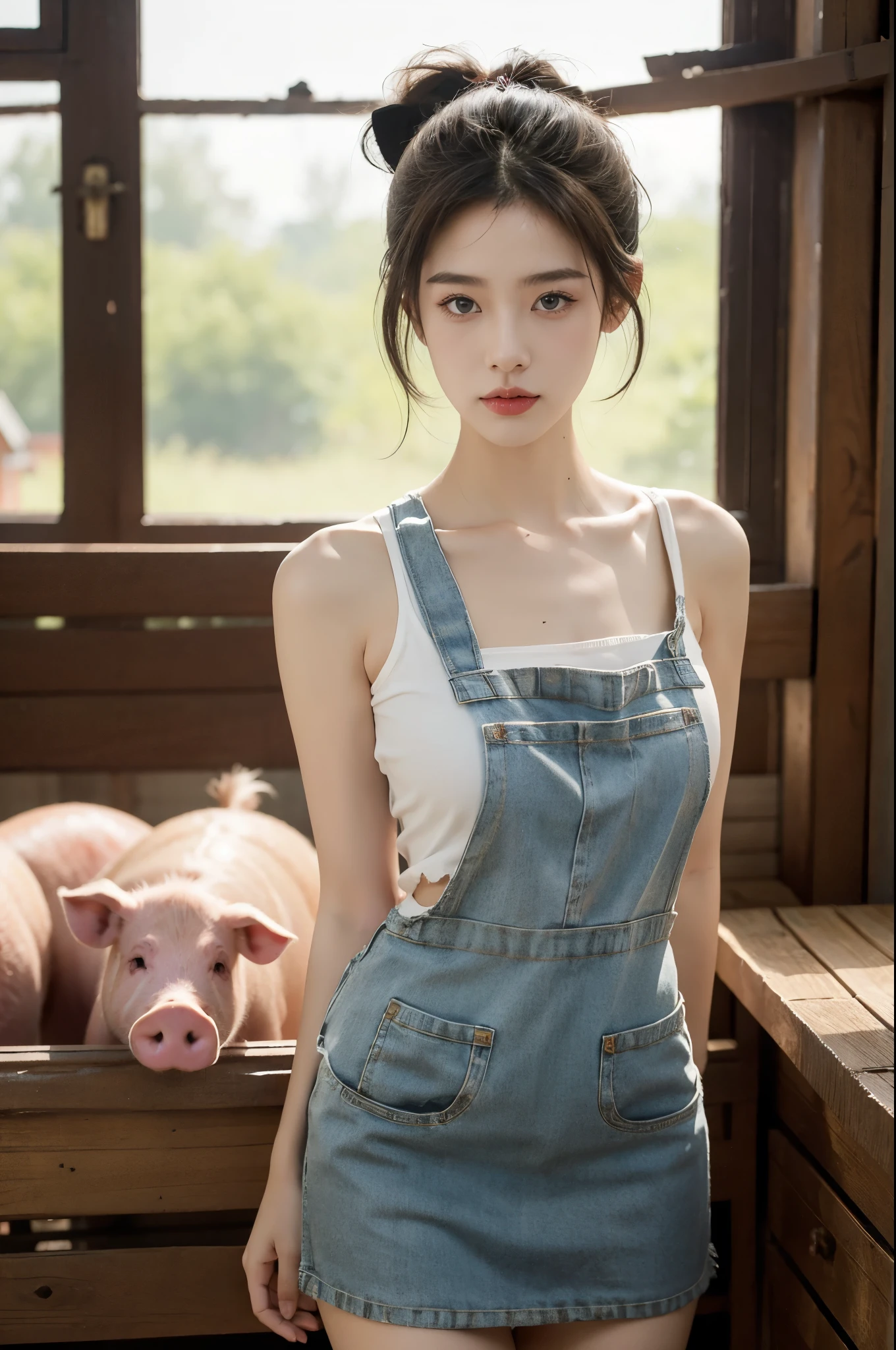 group photo of a girl and a huge pig,stood in the middle of a pig farm,short ponytail,bare shoulders,flat chests,torn apron,arms behind back,slender legs,realistic scenery,photography carnival,wildlife photography,aurora punk,animal and human styles,upper body,indoor