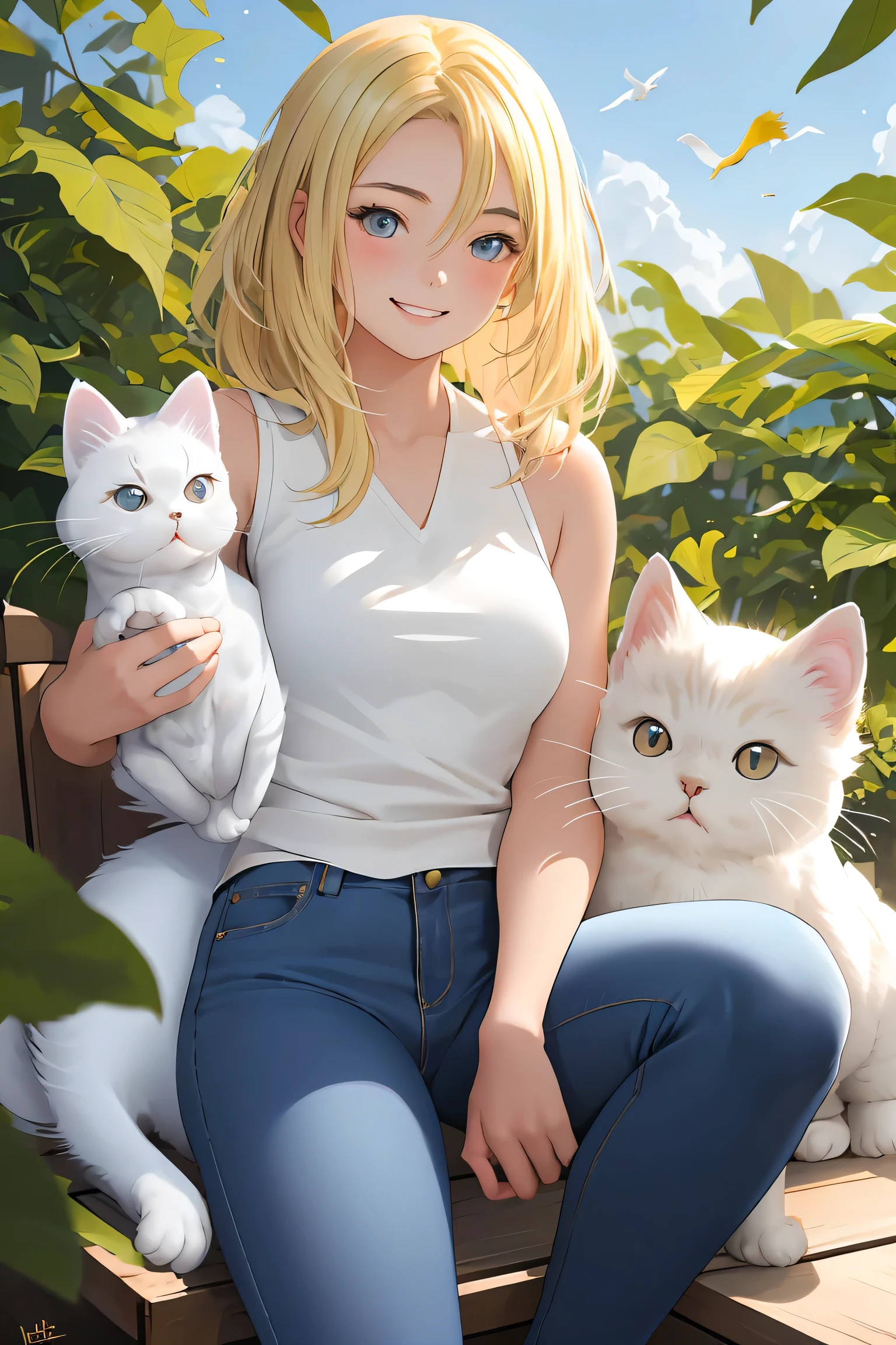 A delighted (((teenage girl with blonde hair))) with blue sparkle eyes, clad in a short, sleeveless ((white top)) and blue, ripened jeans, with a warm smile as she gazes affectionately at a (((Persian cat))) settled comfortably in her lap, hyper-realistic, leaves falling birds in the sky, HD ultra glossy, 8k
