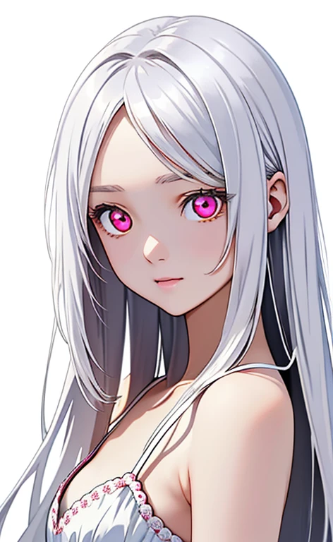 (Photorealistic:1.4)、(masterpiece、Side light、Exquisite beautiful eyes)、(traditional media:1.5、portlate、)、Cute Face、 3D Face、(white hair:1.5、Straight Hair)、(1 Girl)、(Red eyes:1.2)、(upper body)、(Sundress)、 (Cute face),(clear face),kind face,(Small breasts),(white background:1.5)、(glowing eyes:1.3)、()、 Neat and clean、Adorable、Slim Body(Tareme:1.5),Shiny Hair、Glowing pink Skin、Nijisketch,Manga,zydG