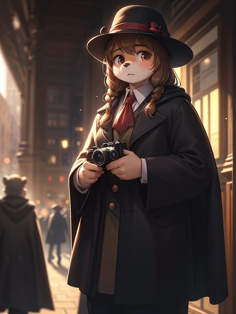 Henri Cartier-Bresson style , (Extreme Perspective:0.75) , Shallow depth of field , rule of thirds , old Cine Lenses , (Bokeh) , realistic hairy fur , round face , round eyes , Swollen cheeks , hair ties , 1900s Foggy London city , Sherlock Holmes style movie , A female detective wearing a cloak and Journalist boy with a Rangefinder camera , (emerge from the shadows:1.2) , look at away , (peeping out scene) , Hidden photos