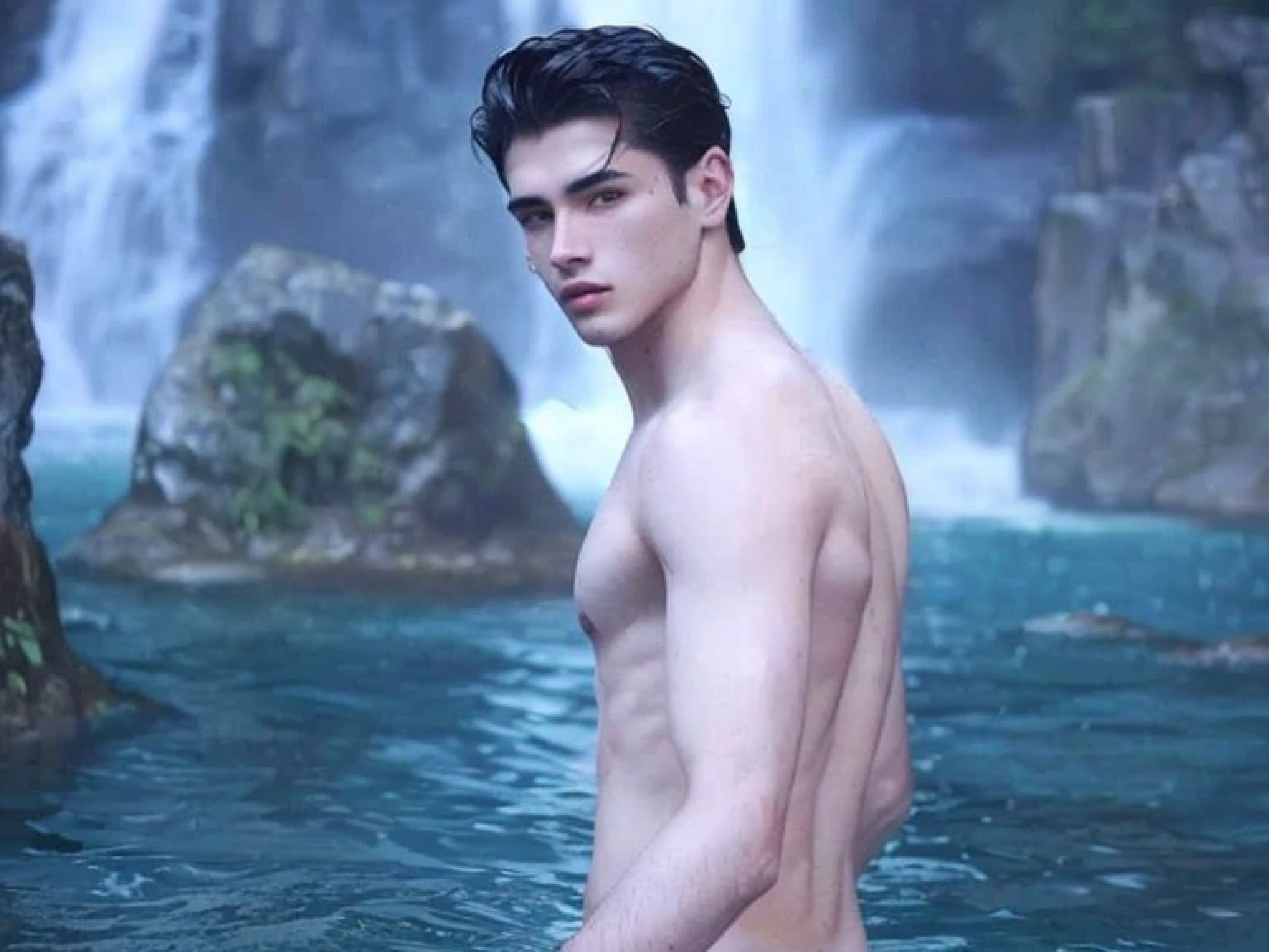 there is a man standing in the water with a waterfall behind him, inspired by Adam Dario Keel, by Adam Dario Keel, male model, hermoso joven, Jakub Gazmercik, rick dai, hombre guapo, diego fernandez, mateo dineen, julian calle, sin camisa, zac retz, inspirado por Steven James Petruccio