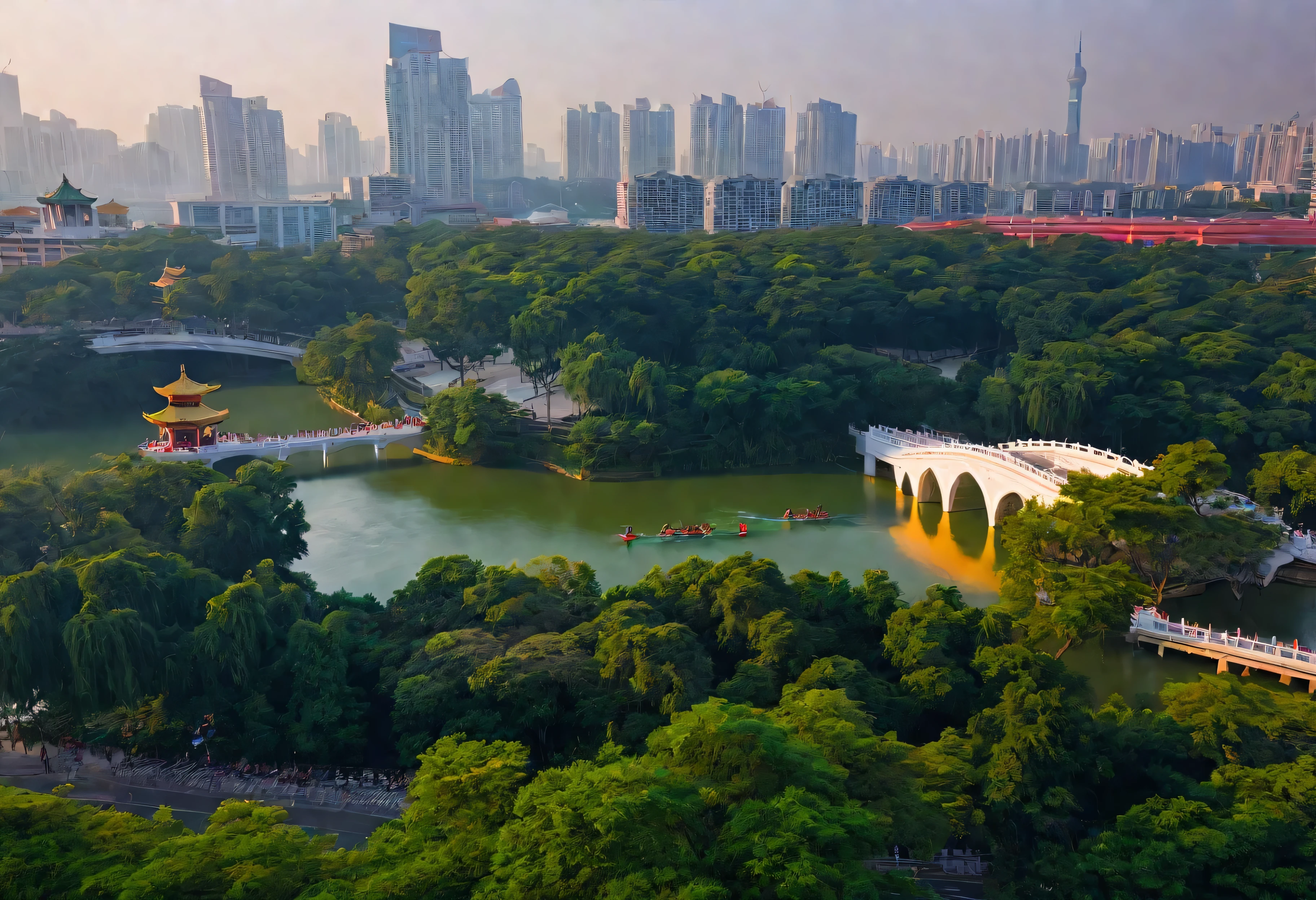 The lake in the city park is surrounded by trees and bushes, city park，pavilion，Dragon Boat，arch bridge，HD，8K，RAW，Award-winning works