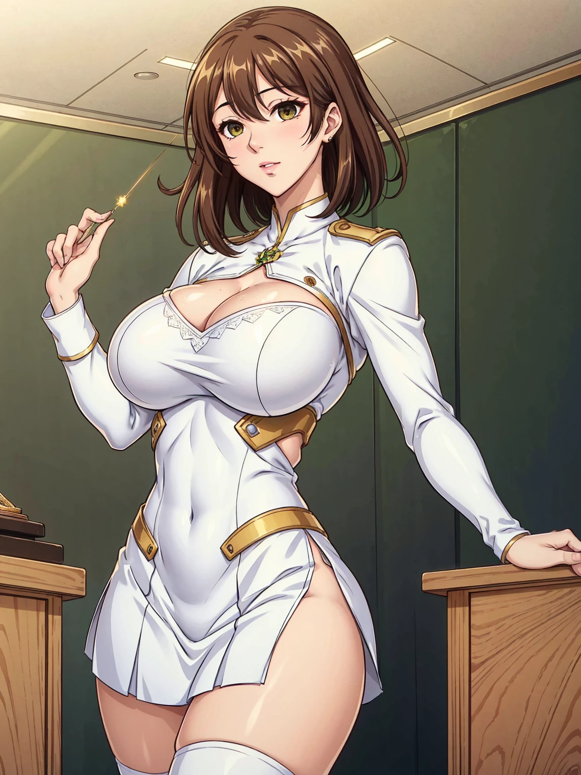elite , green, White and gold uniform, White Skirt, White top, green Ribbon, Gold Button, Golden Shoulder Massage, 1 female, 40 years old, (Mature Woman:1.3), Brown Hair, Haircut with dull bangs, Brown eyes, beautiful Brown eyes, Big Breasts, Impressive body curves, Mischievous Smile, Pink Lips, Sexy pose, masterpiece, Classroom Background, School, Hollow Gaze, Emotional erasure, Expressionless, Hypnotic state,