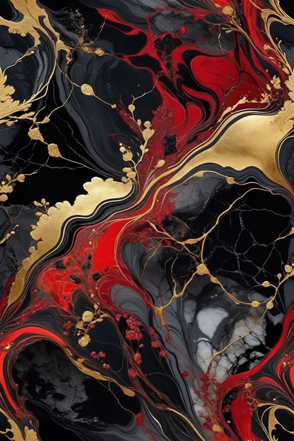 a beautiful abstract marble texture, with colors of black, red and gold, obsidian marble with rivers of ruby and gold, highly detailed, intricate design, BY Anne Bachelier,