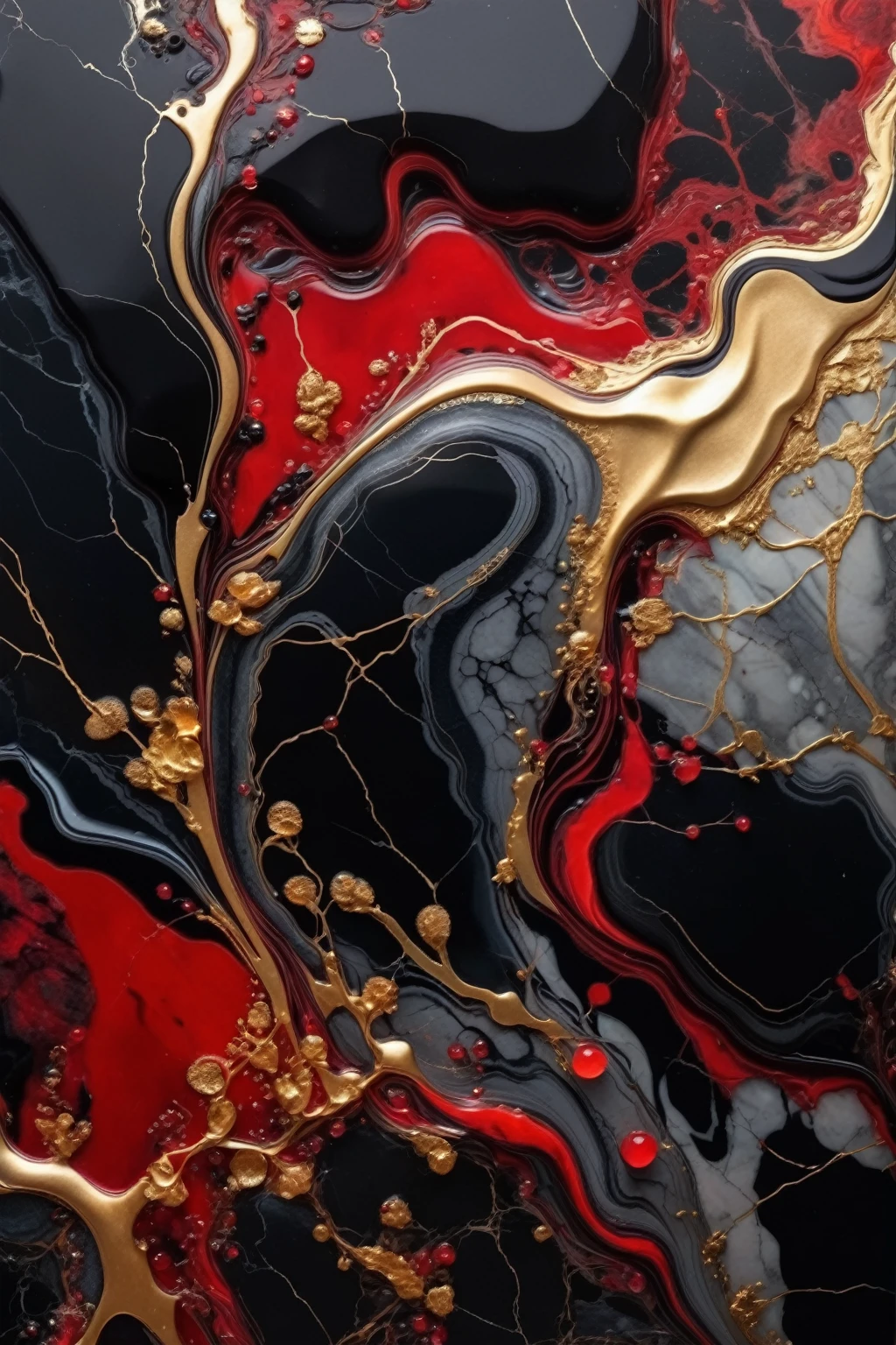 a beautiful abstract marble texture, with colors of black, red and gold, obsidian marble with rivers of ruby and gold, highly detailed, intricate design, BY Anne Bachelier,
