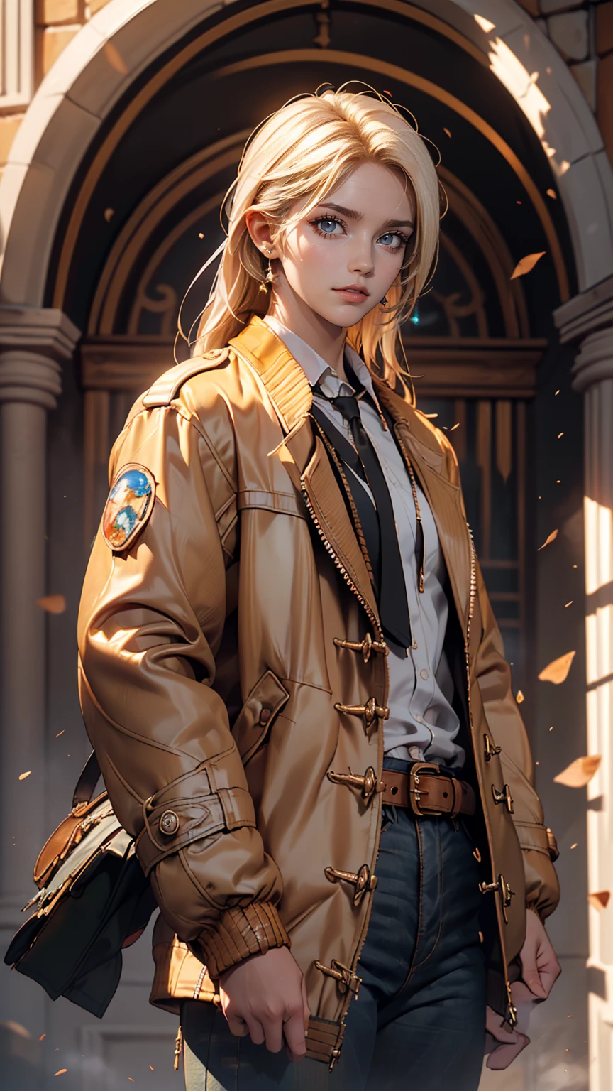 c.c., Expressionless, , (masterpiece, highest quality, Super detailed, Best Shadow, Volumetric lighting), (Beautifully detailed face, Beautiful fine details), (Best lighting),, Orange eyes, Very long hair, (White straitjacket:1.4), Black belt, , (Cowboy Shot:1.3), intense angle,, mksks style, Beautiful background, Professional Lighting, Warm coloured landscape,