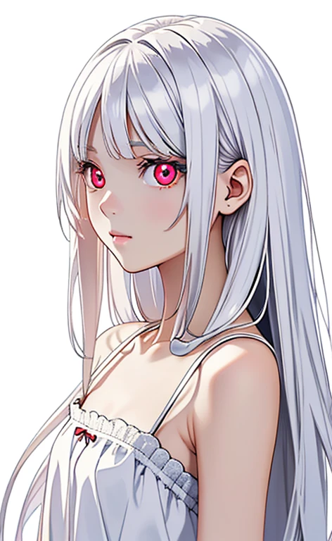(Photorealistic:1.4)、(masterpiece、Side light、Exquisite beautiful eyes)、(flat color:1.5、portlate、)、Cute Face、 3D Face、(white hair:1.5、Straight Hair)、(1 Girl)、(Red eyes:1.2)、(upper body)、(Sundress)、 (Cute face),(clear face),kind face,(Small breasts),(white background:1.5)、(glowing eyes:1.3)、()、 Neat and clean、Adorable、Slim Body(Tareme:1.5),Shiny Hair、Glowing pink Skin、Nijisketch,Manga,zydG