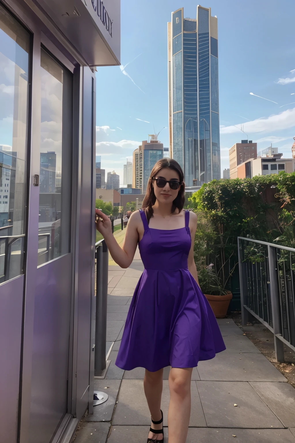 A named lily wearing a purple dress and she saw a 2 building tall and the 1 building has a sign THE EMPATHY EMPORIUM
