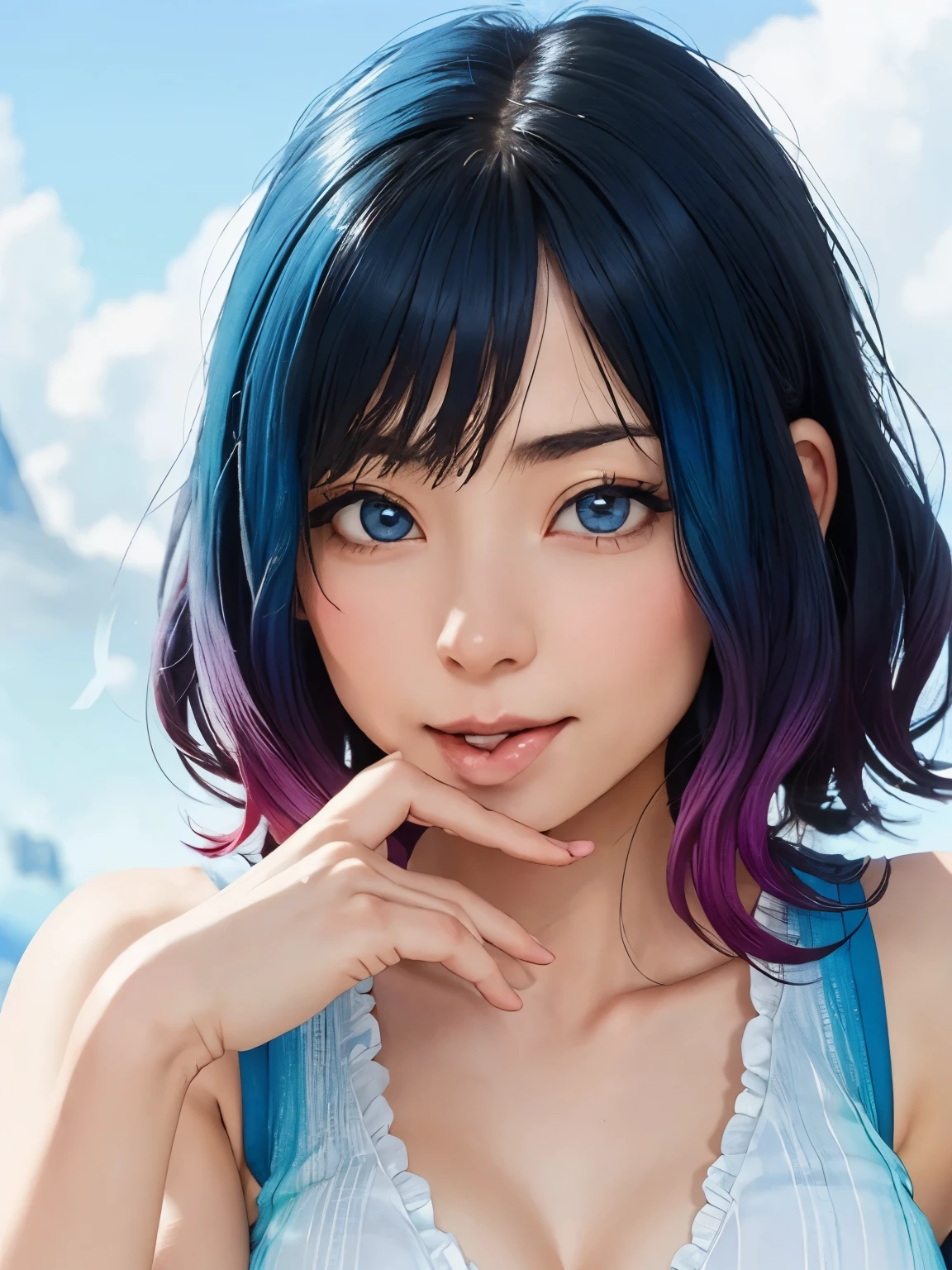 Upper Body、Highly detailed face, ((Drop your eyes)), cute, Vibrant colors, Soft natural light, Bokeh effect. Swimwear, Perfect Makeup, Professional photography, Street Snapshots, Vibrant colors, (smile, Laughter), 