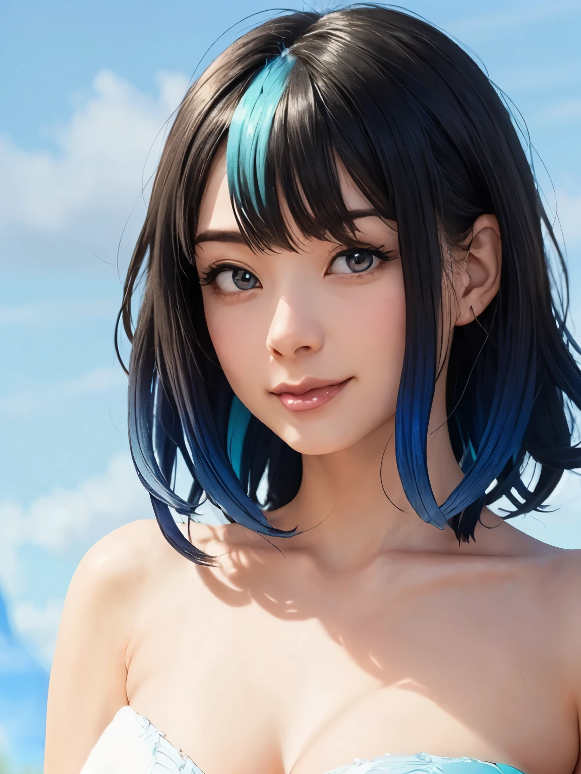 1 girl、highest quality、Realistic、alone、Written boundary depth、Natural soft light、Daytime、charm、Beautiful Face、Cleanliness、Pure Face、White skin、cute、short hair、prohibit、Beach、Light of the sun、Nedium Breast Body Esbian、((セーターを着たBeautiful Faceの黄金比 対称性のあるBeautiful Face))、Long neck、Listen carefully、prohibitのあるきれいな短いボブヘア、Laugh with your mouth closed、Perfect hands指、Perfect hands、Perfect body、Perfect Face、Shine a light into your eyes、Perfect Anatomy:1.4、とてもcuteスーパーモデル:1.4、{Huge|big|Hugeな|Mega} chest:2, chestの谷間:2、Transparent、Transparency、glosoisture、shine、Cool feeling、((Beautiful gradient blue sky outdoors:2))