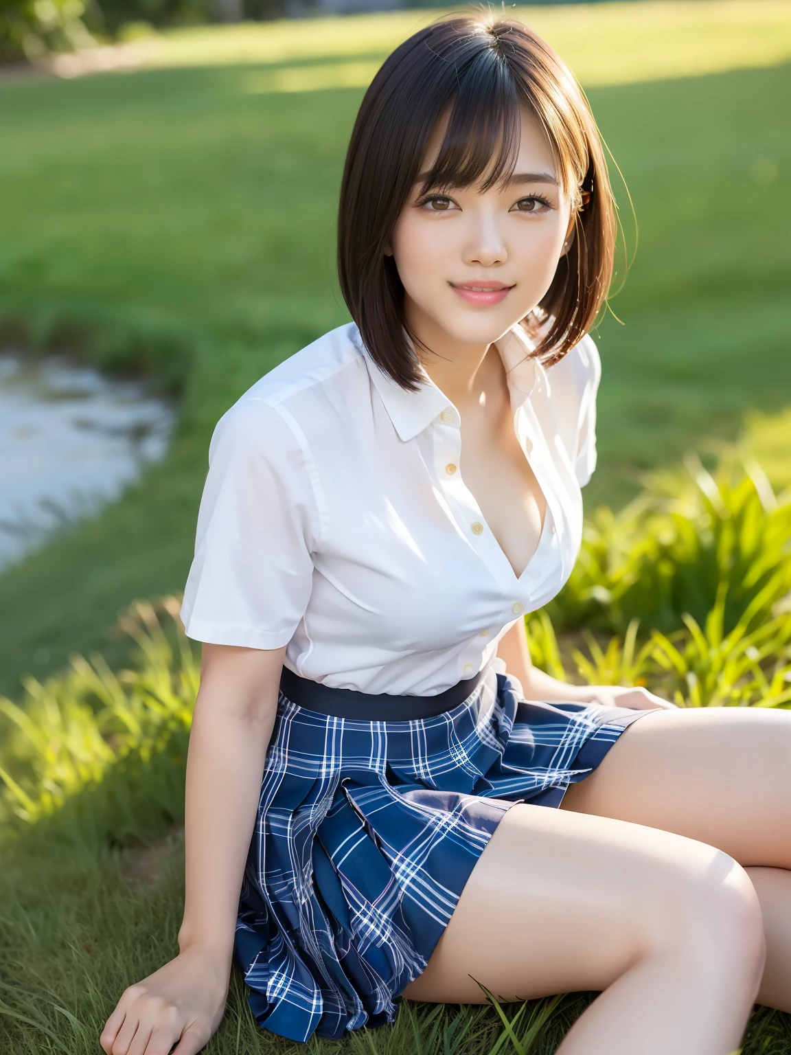 (Highest quality: 1.5), (Realistic: 1.5), (1 person: 1.5), Highly detailed, High resolution, 8k, slightly saggy medium breasts, Natural colored lips, Cute smile, Japanese woman, 20 year old girl, beautiful and graceful features, perfect and beautiful face, balanced big eyes, brunette eyes, beautiful and graceful features, natural double eyelids, natural bangs, beautiful thin nose, beautiful skin, medium bob hair , natural bangs , perfect and beautiful face, slim face and figure, blue summer sky, grass park, looking at the viewer, socks, (looking at the camera with a sweet smile), bright lighting, professional lighting, forward lighting, beautiful legs: 1.2, smooth skin, slender body, slim waistline, slim thin thighs, (sitting on the grass), white clover blooming, cleavage, detailed clothes, (short sleeve dress shirt:1.5), (Pleated skirt:1.5), plaid pleated micro mini skirt, short sleeve dress shirt, unbuttoned shirt to show cleavage, 