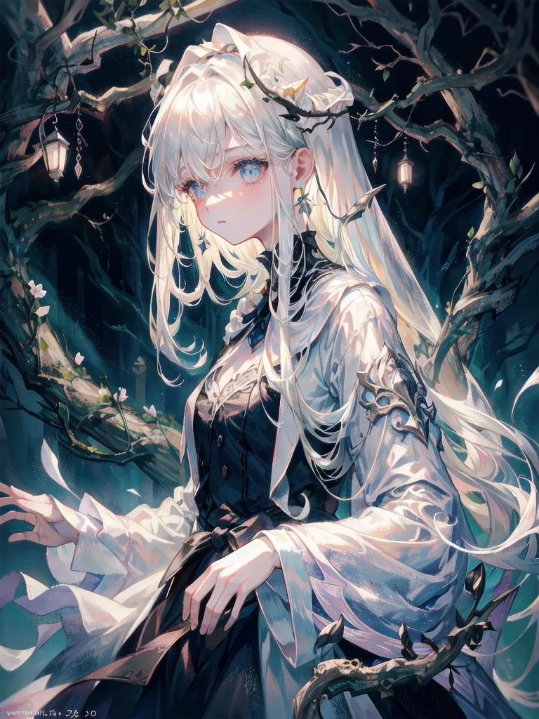 absurdres, RAW photo, extremely delicate and beautiful, masterpiece, Best Quality, ultra high resolution, 32k, hyperrealistic, ultra-detailed, perfect figure, detailed description, pale skin, 20 years old, detailed beautiful face and eyes, tearful mole, earring, short medium hair, wavy hair, full body, a ghostly ethereal female figure, delicate detailed facial features, long flowing white hair, pale skin, wispy ethereal dress, a mysterious ancient graveyard, eerie fog, cracked gravestones, overgrown vines, moonlight shining through twisted branches, old withered trees, crows perched on tombstones, gnarled roots crawling over the ground, flickering lanterns, abandoned mausoleum, intricate gothic architecture, somber atmosphere, mist swirling around, pale moonlight, gloomy mood, weathered stone, dark shadows, haunting presence, forgotten history