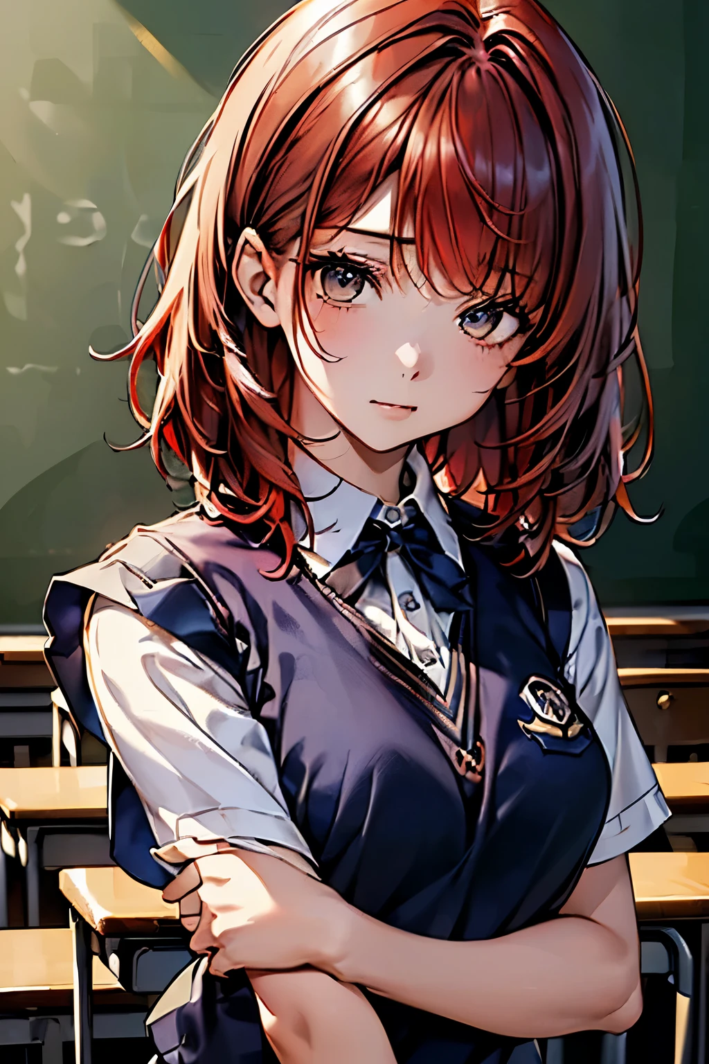 masterpiece、highest quality、Very detailed、An illustration、Beautiful fine details、One Girl、cute、Detailed landscape、Classroom blackboard background、Red Hair、Medium Hair:1.6、((D cup breasts, Collared short-sleeved shirt:1.3, A navy blue vest with the school emblem on the chest, Navy blue slacks)), (Staring at the audience)